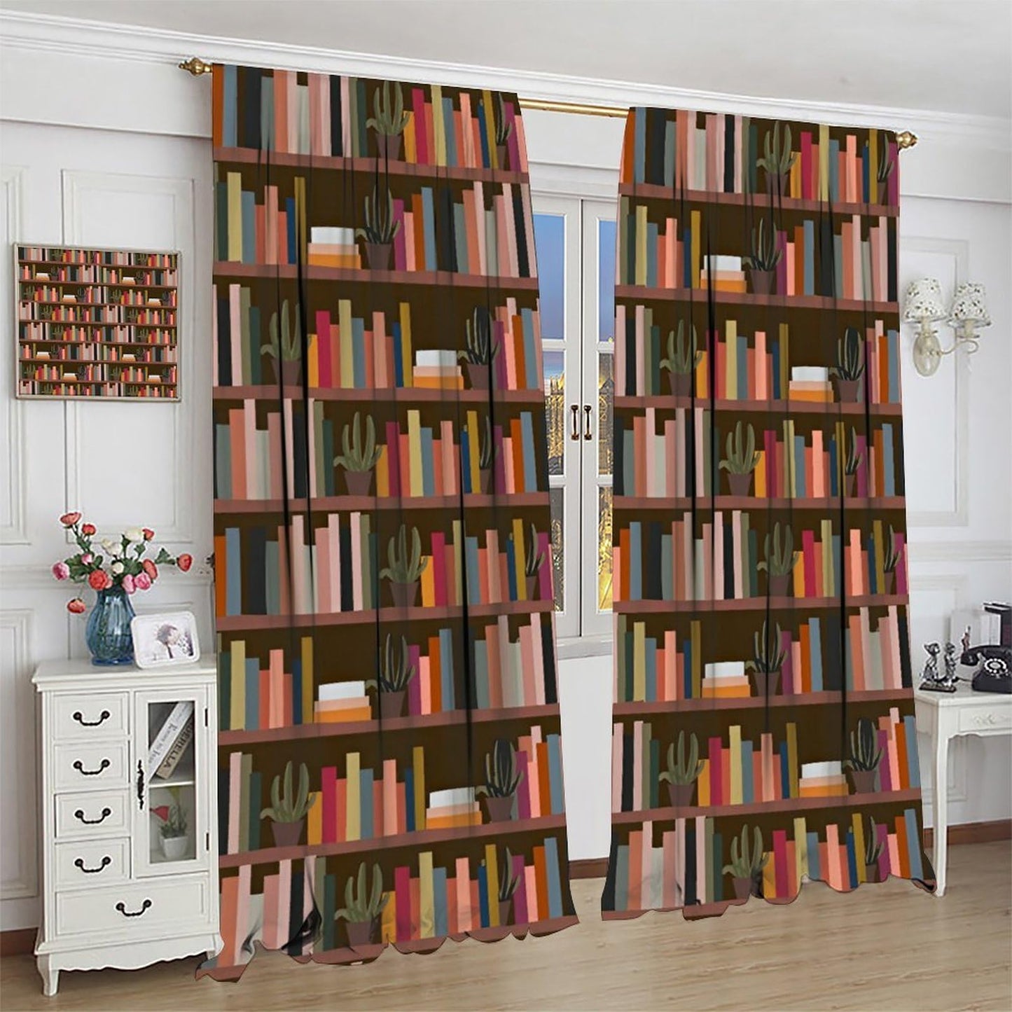 Nsbul Retro Bookshelf Curtains, Bohemian Bookcase Books Succulents Print Window Treatment for Bedroom Living Room Library Home Decor, 42" W X 45" L(No Blackout)