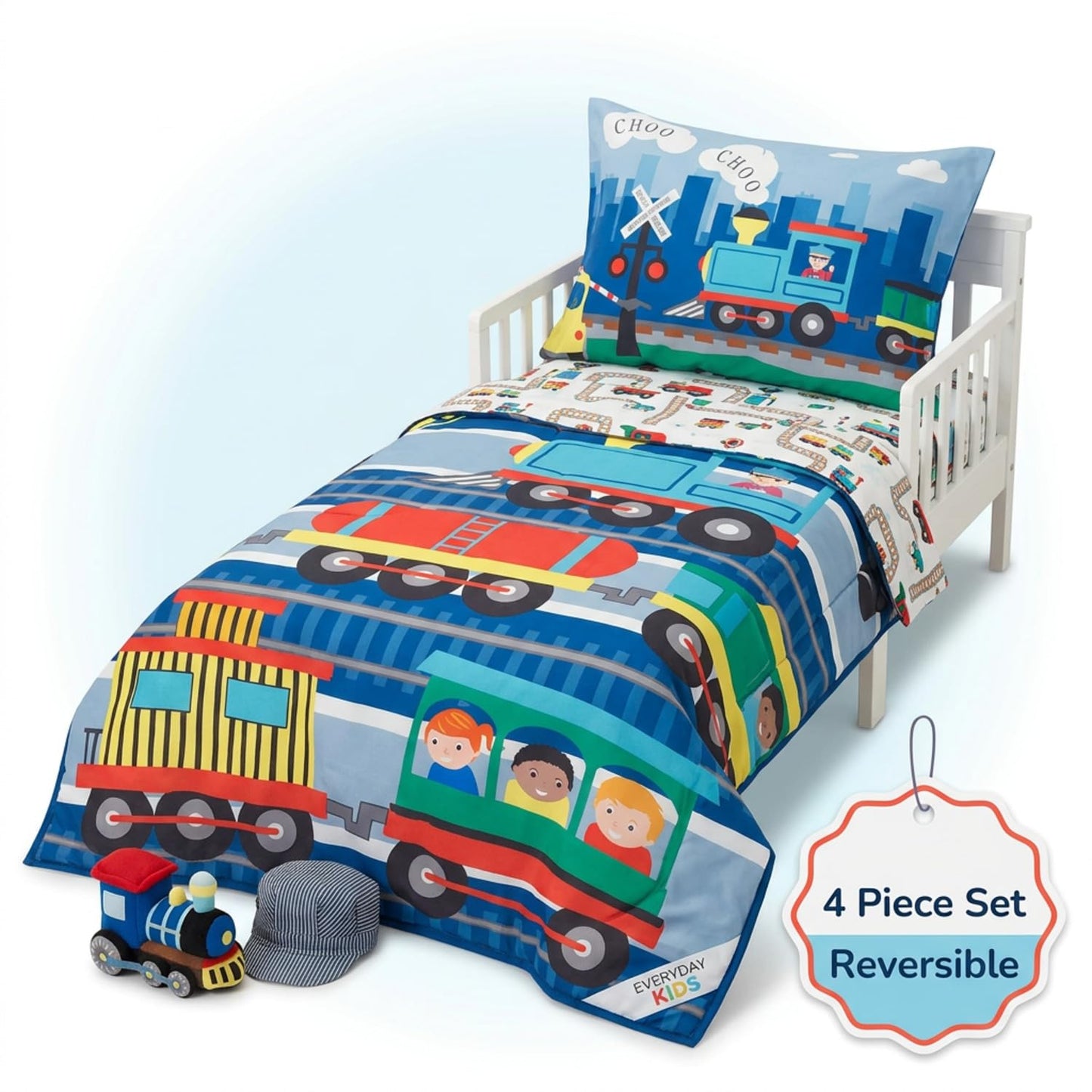 EVERYDAY KIDS 4 Piece Toddler Bedding Set -Choo Choo Train- Includes Comforter, Flat Sheet, Fitted Sheet and Reversible Pillowcase