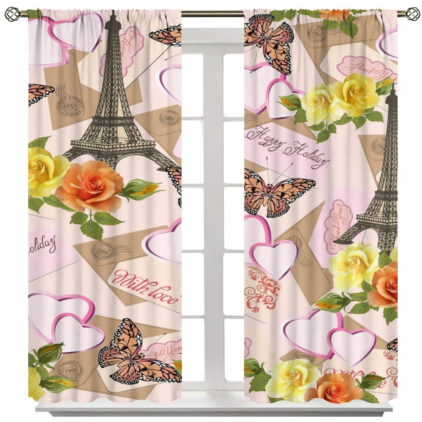 Focusbrite Paris Eiffel Tower Curtains Retro Flowers Butterfly Vintage Tower Pattern Blackout Print Rod Pocket Window Drapes for Bedroom Living Room Set 2 Panels,42x45 Inches
