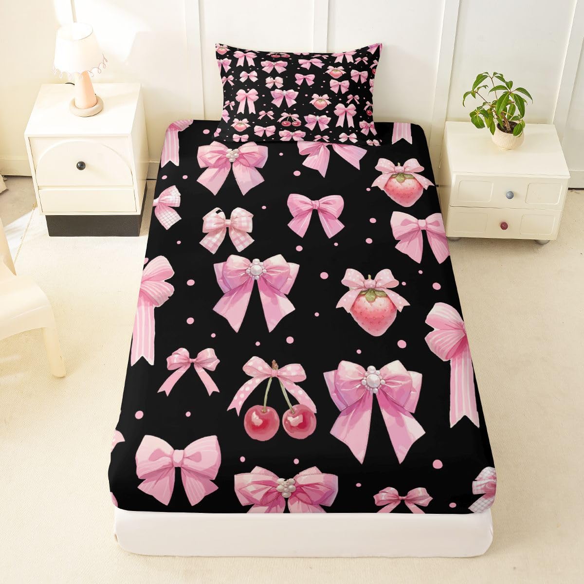 jejeloiu Black Pink Cute Strawberry Bow Fitted Sheet Twin Size for Kids Boys Girls Dreamy Princess Bowknot Bed Sheets Set 16" Deep Pocket Kawaii Coquette Bow Bedding with 1 Pillowcase Room Decor