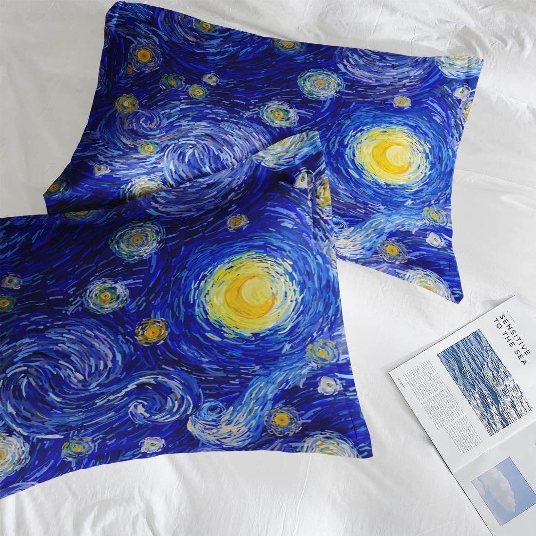 Pamnest Comforter Set Queen Size, Moon Starry Night 7 Pcs Bedding for Kids and Adults, Blue Modern Star Sky Art Bed Sheet Sets with Fitted Sheet 2 Pillowcase & 2 Sham for Bedroom Bed Decor
