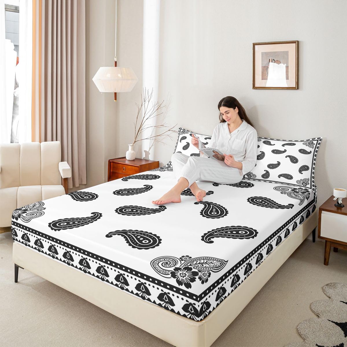 Erosebridal Paisley Floral Bed Sheets Set Full Mandala Exotic Chic Flower Sheet Set Retro Boho Sheets Black White Flat Fitted Sheet