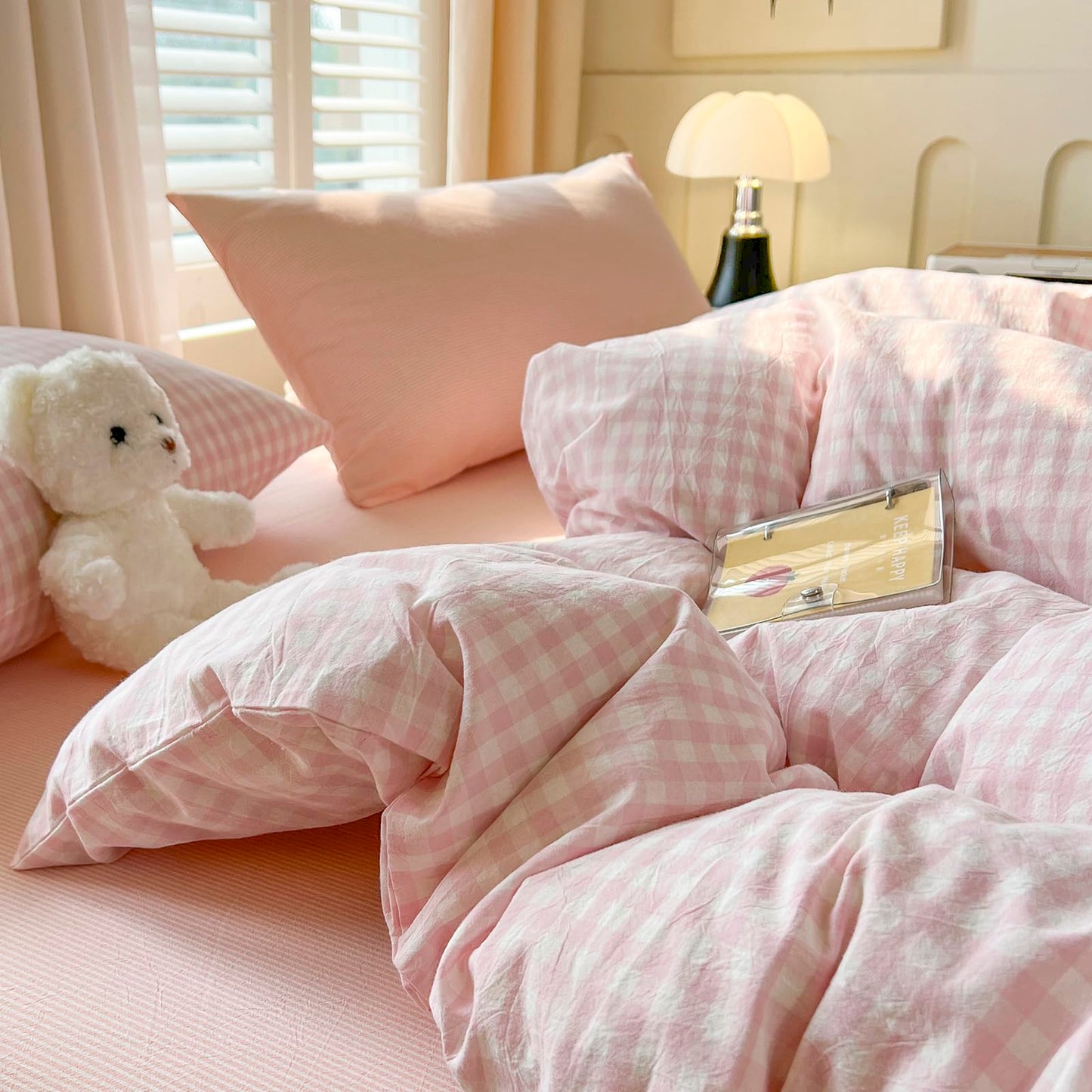 VM VOUGEMARKET Pink Gingham Duvet Cover Set for Girls, Queen Size