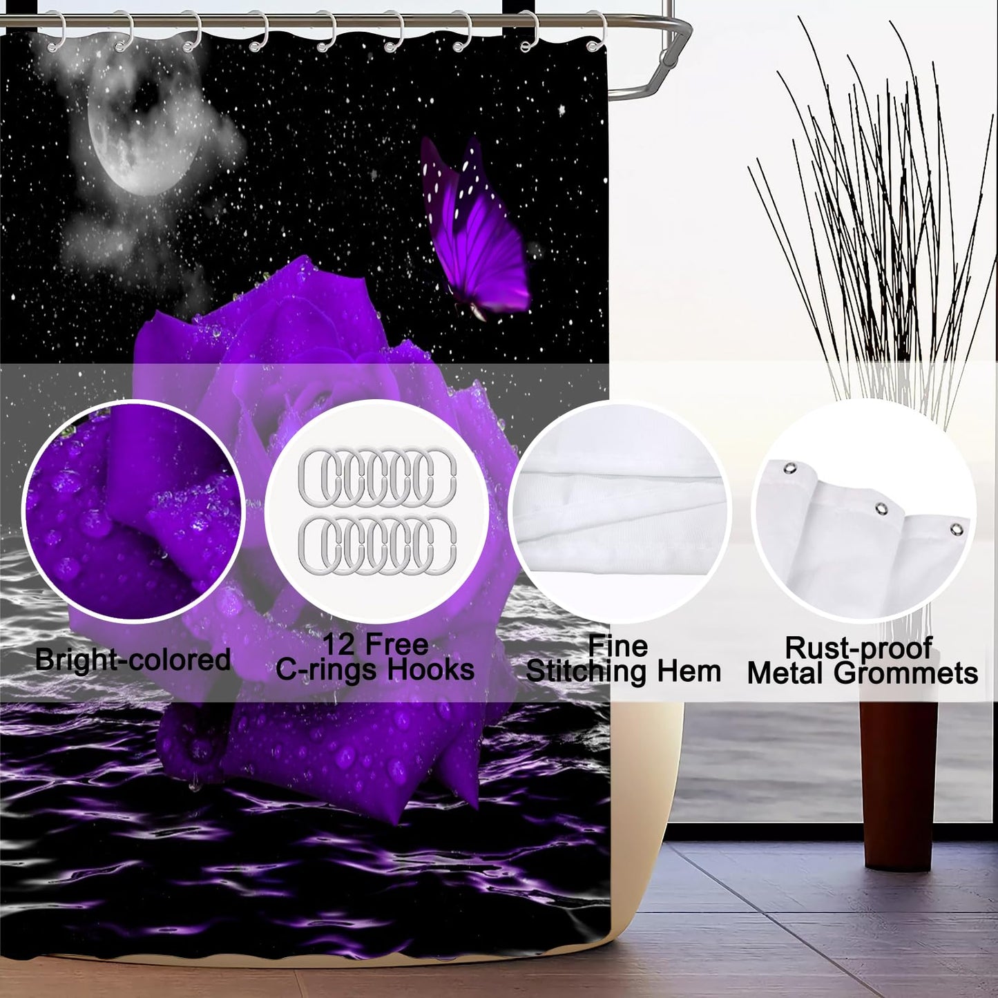 ALEXEX 4 PCS Purple Rose Shower Curtain Sets,Black Sky Bathroom Set with Shower Curtain and Rugs and Accessories,Lunar Ocean Raindrop Shower Curtain Bathroom Decor with 12 Hooks,72 X 72 Inches