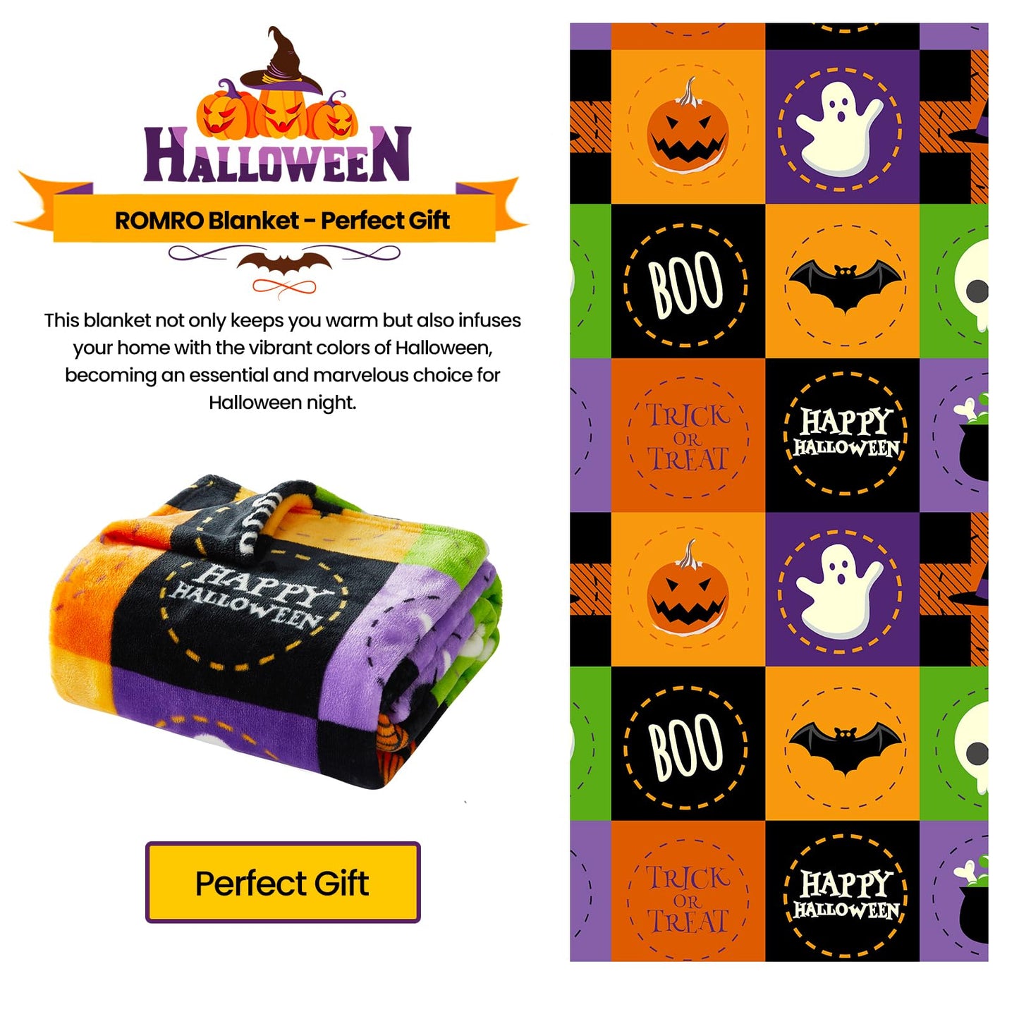 ROMROL Halloween Fleece Throw Blanket, Bat, Ghost Fall Plaid Blanket, Soft Fuzzy Plush for Couch Sofa or Bed, Luxury Flannel Lap Blanket, for Kids, Adults, Wife, Self (50" x 60")