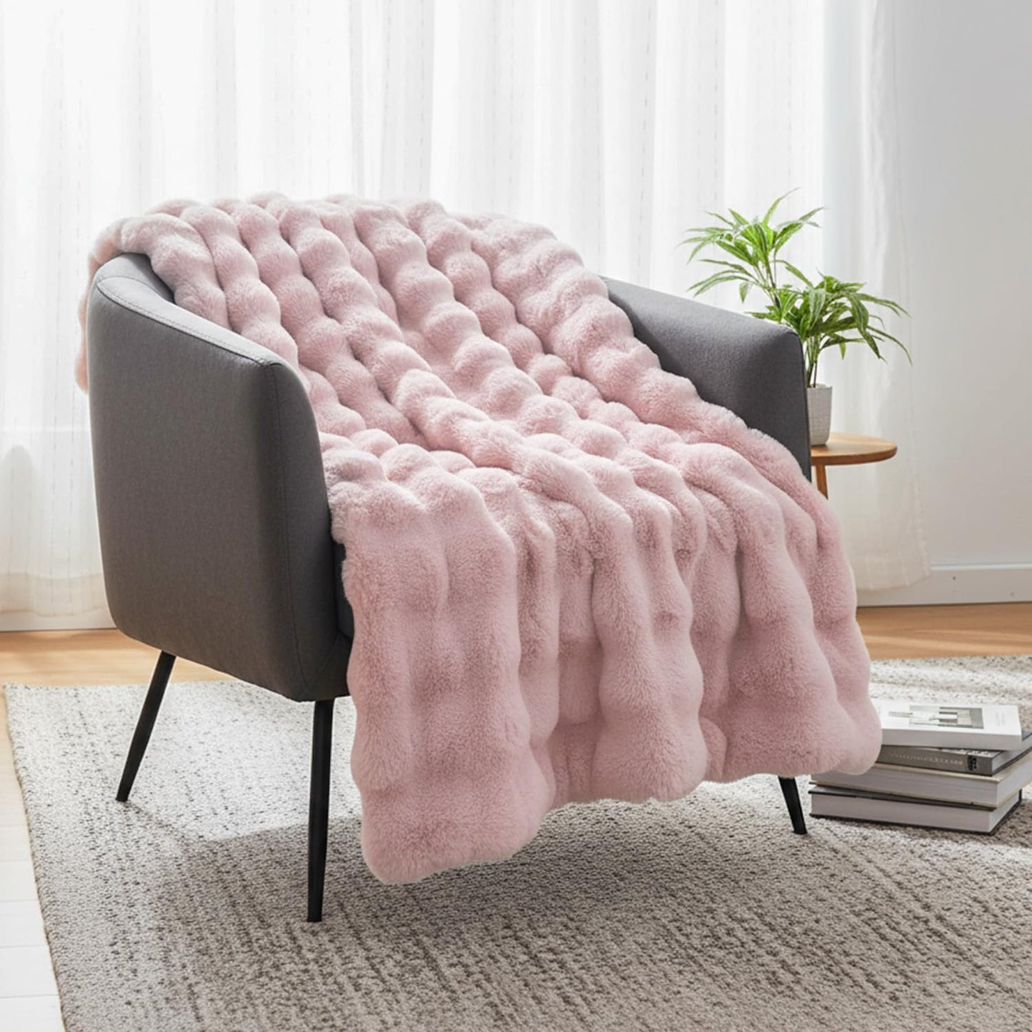 Opulapel Light Pink Throw Blanket Fluffy Fuzzy Soft Blanket for Couch Faux Rabbit Fur Blanket Bubble for Bed Living Room Gift for Women,50 * 60 Inches 860GSM