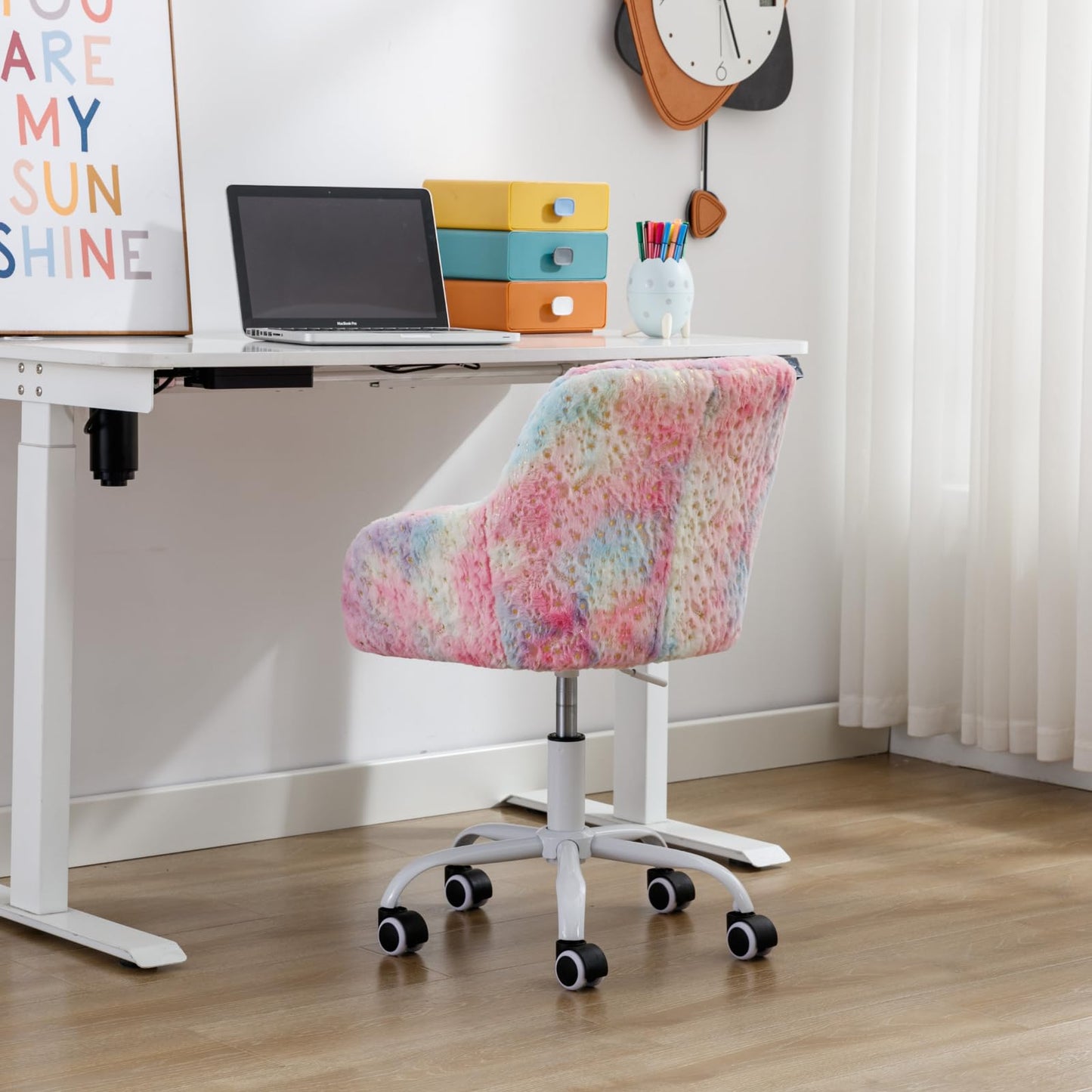 Ya-Home Kids Desk Chair Cute Swivel Reading Chair, Upholstered Adjustable Faux Fur Study Chair with White Wheels for Reading Room Bedroom, Colorful