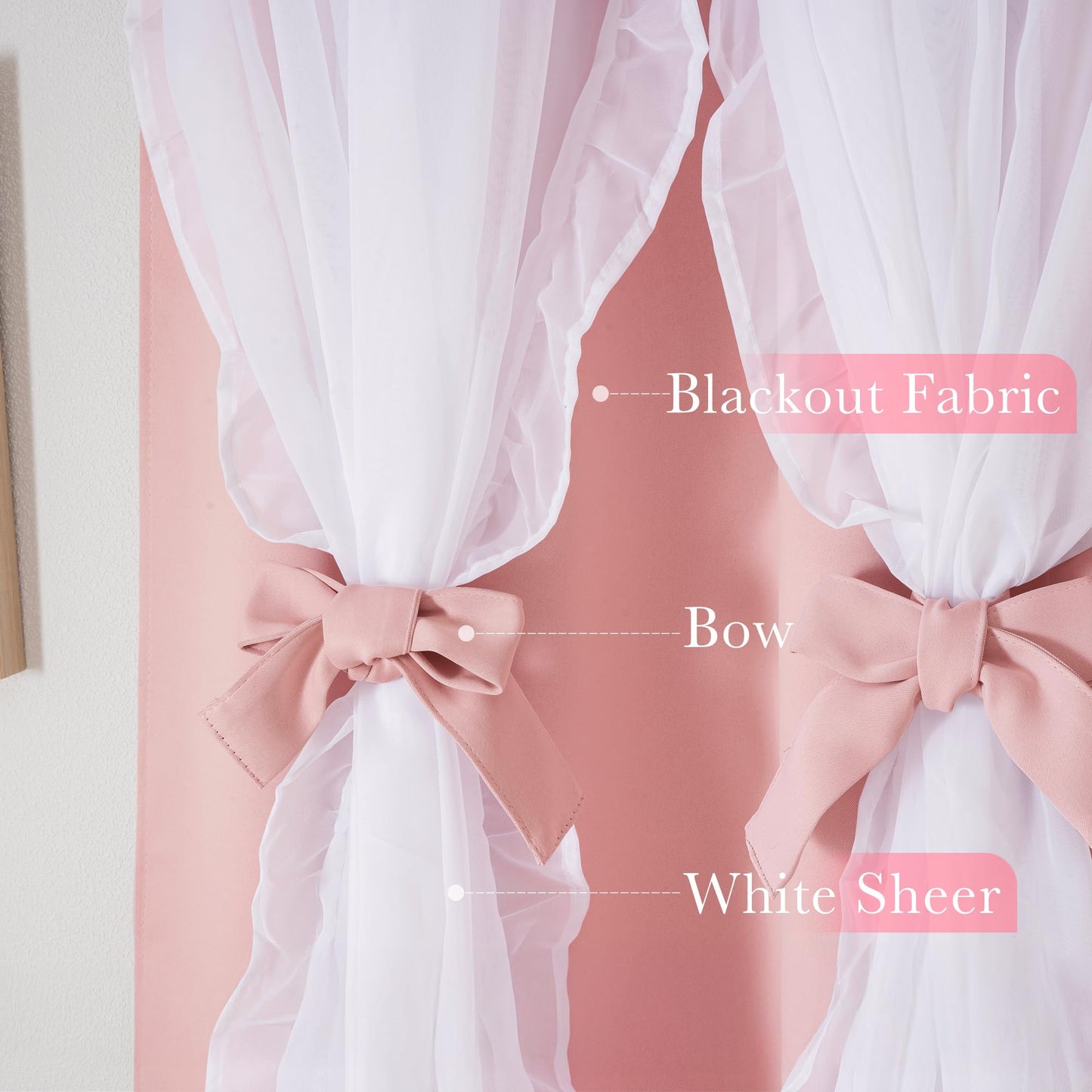 PONY DANCE Pink Blackout Curtains for Nursery, Double Layer Bow Curtains with Ruffle Sheer Overlay for Girls Bedroom, Cute Shabby Chic Kids Toddler Room Decor Drapes Coquette Style, 52x84 inch, 2 PCs