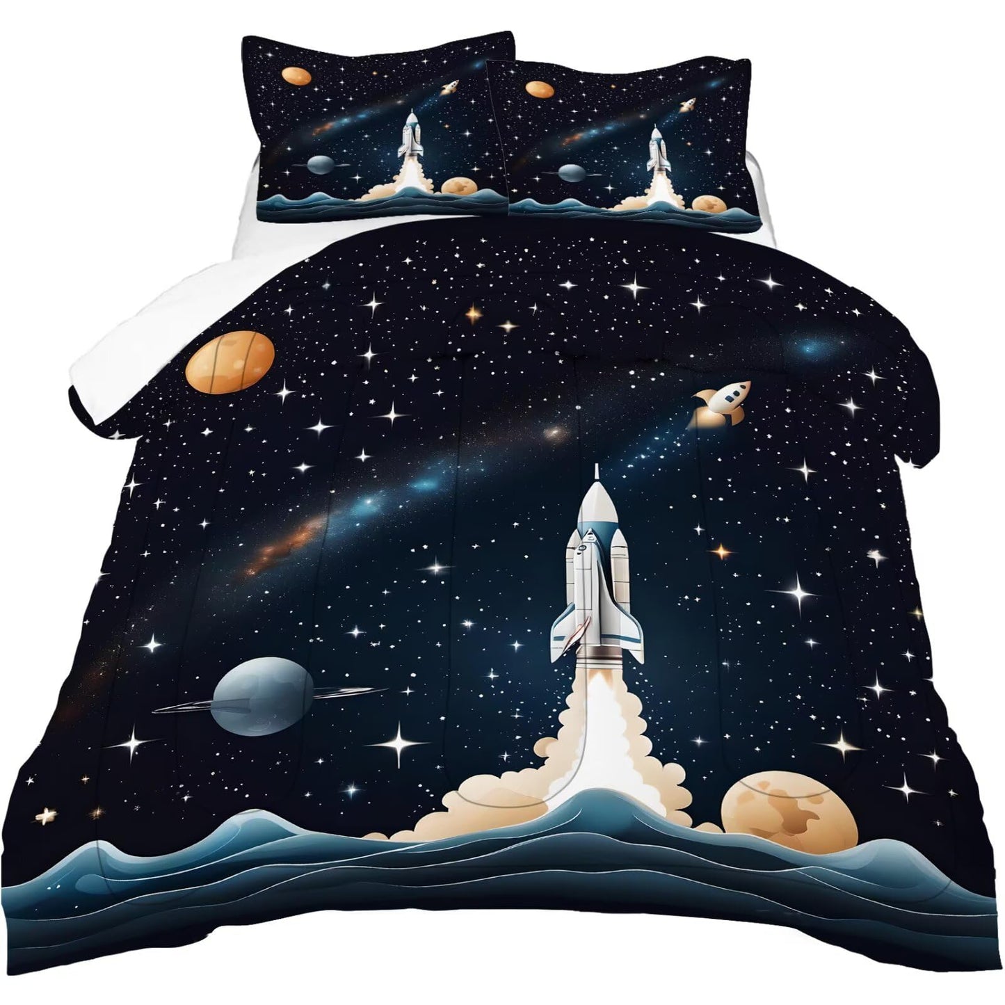 DJNEAR Space Comforter Set Full Size Blue Galaxy Bedding Sets for Kids Boys Girls Teens Adults Bedroom Starry Planet Rocket Quilt 1 Comforter 2 Pillowcases