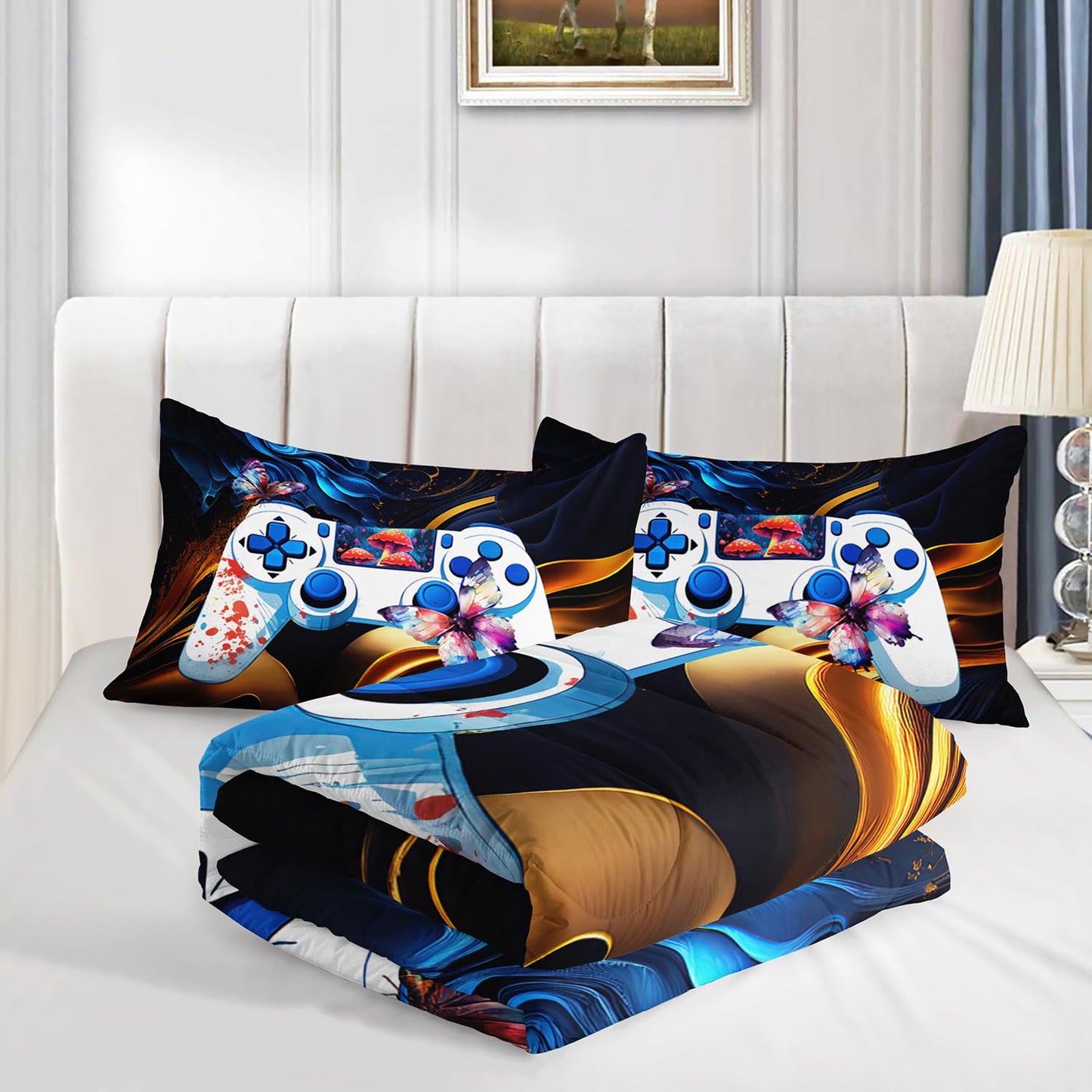 Nttopshi Gamer Comforter Set Queen Gaming Comforter Set 3pcs Bedding Set for Boys Girls Kids Mushroom Floral Down Alternative Soft Lightweight Comforter with 2 Pillowcases All Season