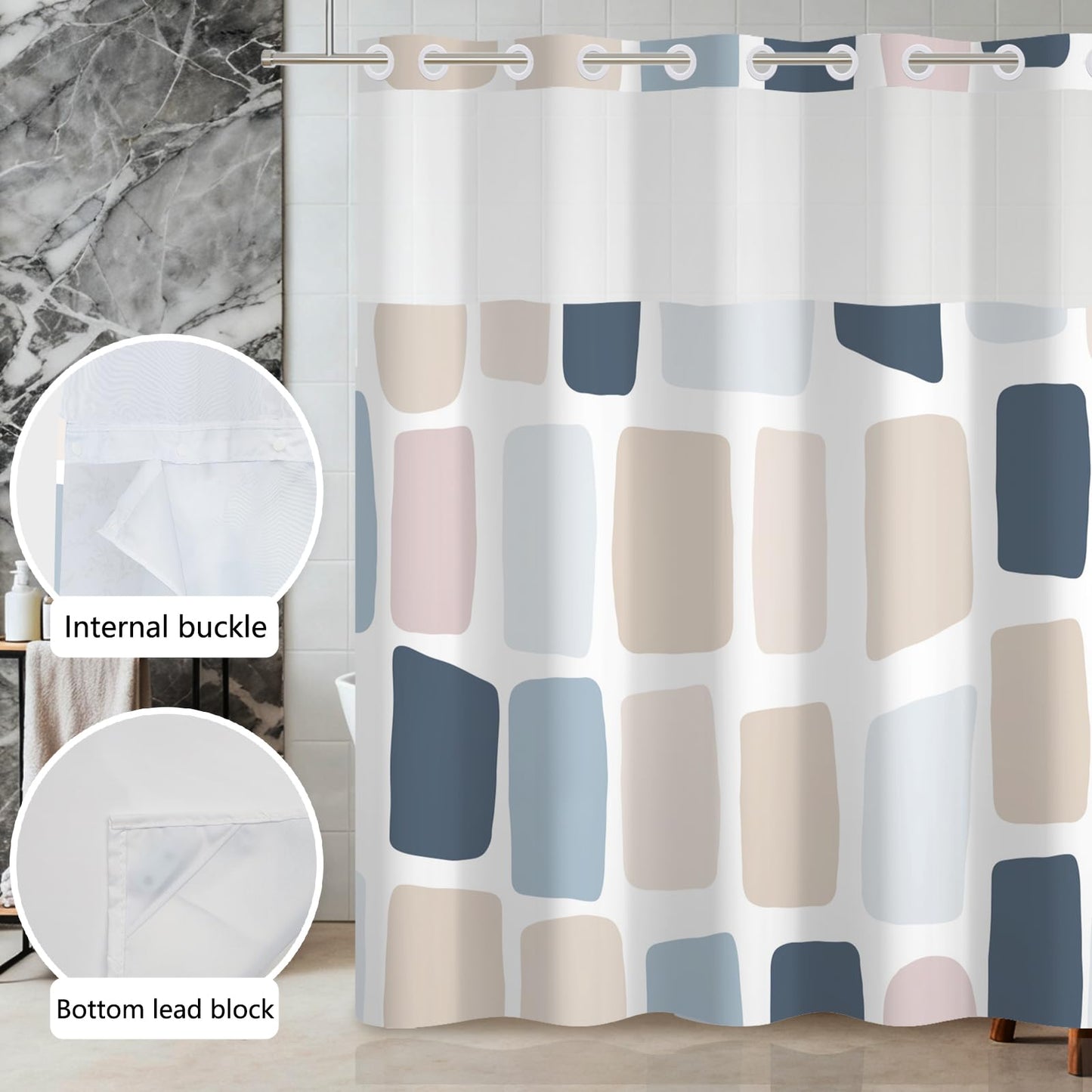 Xiazhilaio No Hook Geometry Shower Curtain with Liner 71 x 74 Inch - Blue and Yellow Modern Abstract Pattern, Waterproof Fabric Bath Curtain with Mesh Top for Minimalist and Modern Bathroom Decor