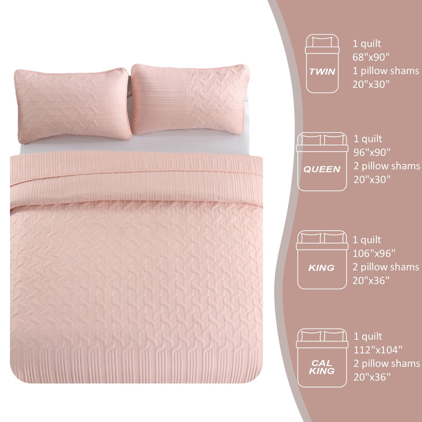 Yiran Blush Pink Quilt Set Queen Size, 3 Piece Reversible Bedspreads Bedding Set, Fall Wave Striped Pattern Coverlet for All Season with 2 Pillow Shams (Full/Queen, 96x90 Inch)