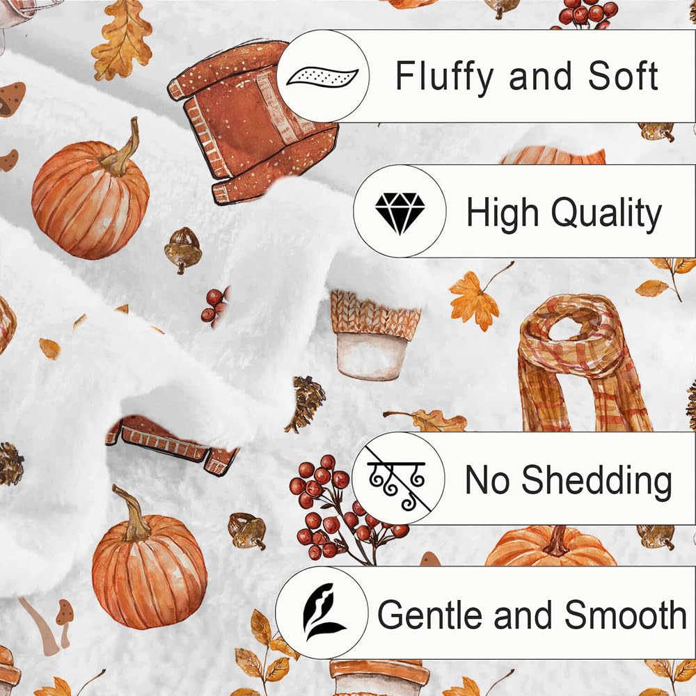 Fall Fleece Throw Blanket, Autumn Pumpkin Spice and Everything Nice with Books Wraps Coffees Lattes Pumpkins Pies Oversized, Soft Blanket for Couch,Cozy,Warm,Lightweight,50"X60"