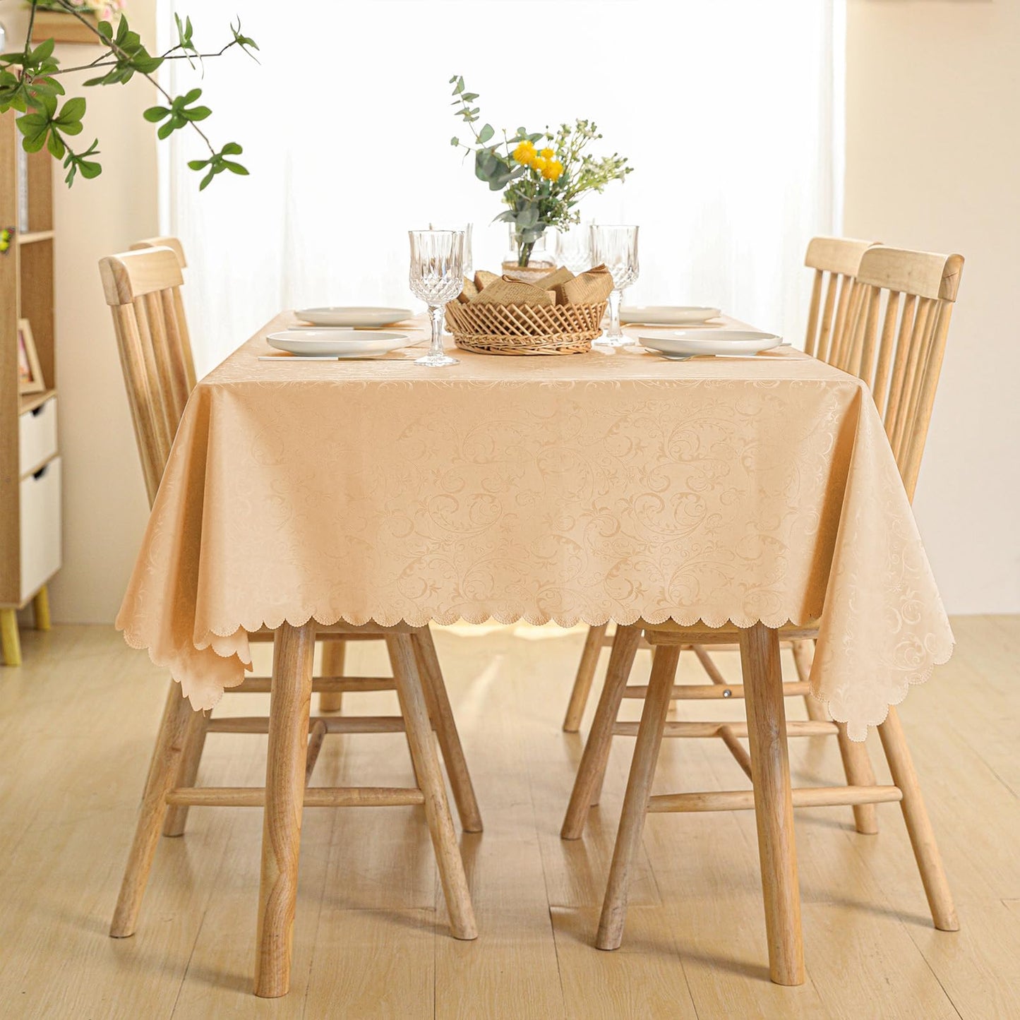 Qubjus Rectangle Jacquard Tablecloth High Weight Heavy Waterproof oilproof with Lace Table Cover for Dining Table, 60x104 Inch, Gold