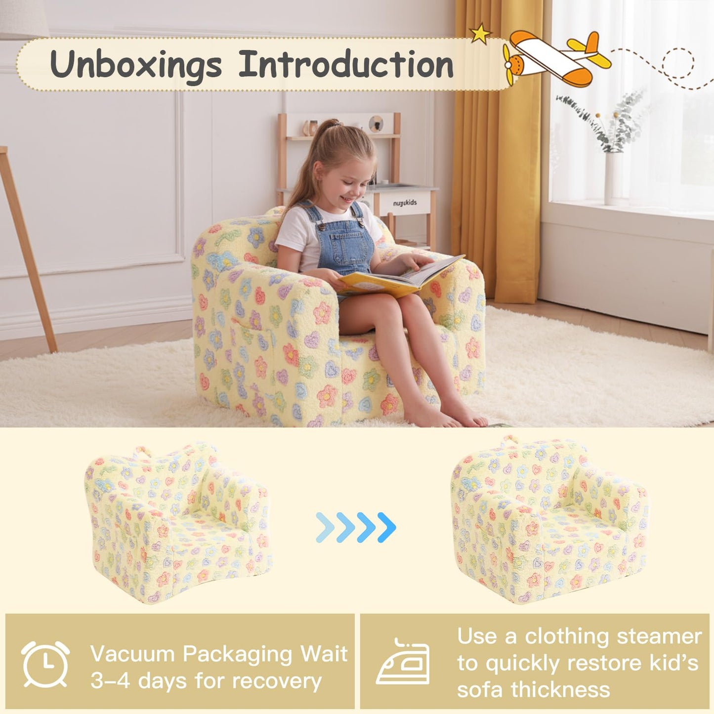 Tiita Kids Sofa, Childrens Couch with Carry Handle, Portable Toddler Foam Sofa Couch, Lightweight Kids Chair for Playroom, Dorm Room, Small Space, Flower
