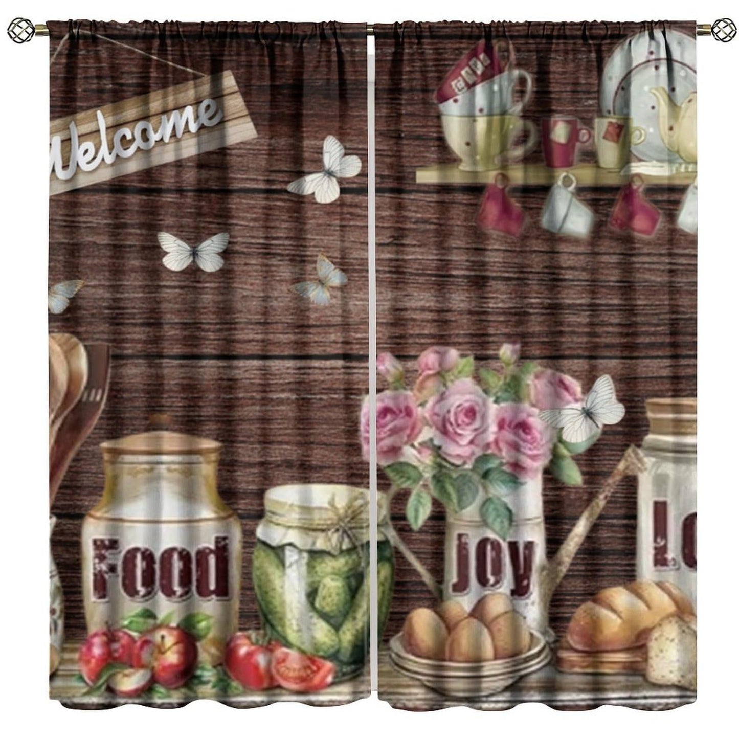 Farmhouse Vintage Curtains Rustic Retro Plank Tableware Ingredients and Fruits Wood Rod Pocket Window Treatments for Kitchen Living Dining Room Bedroom 2 Panel Set 41" x 45" (No Blackout)