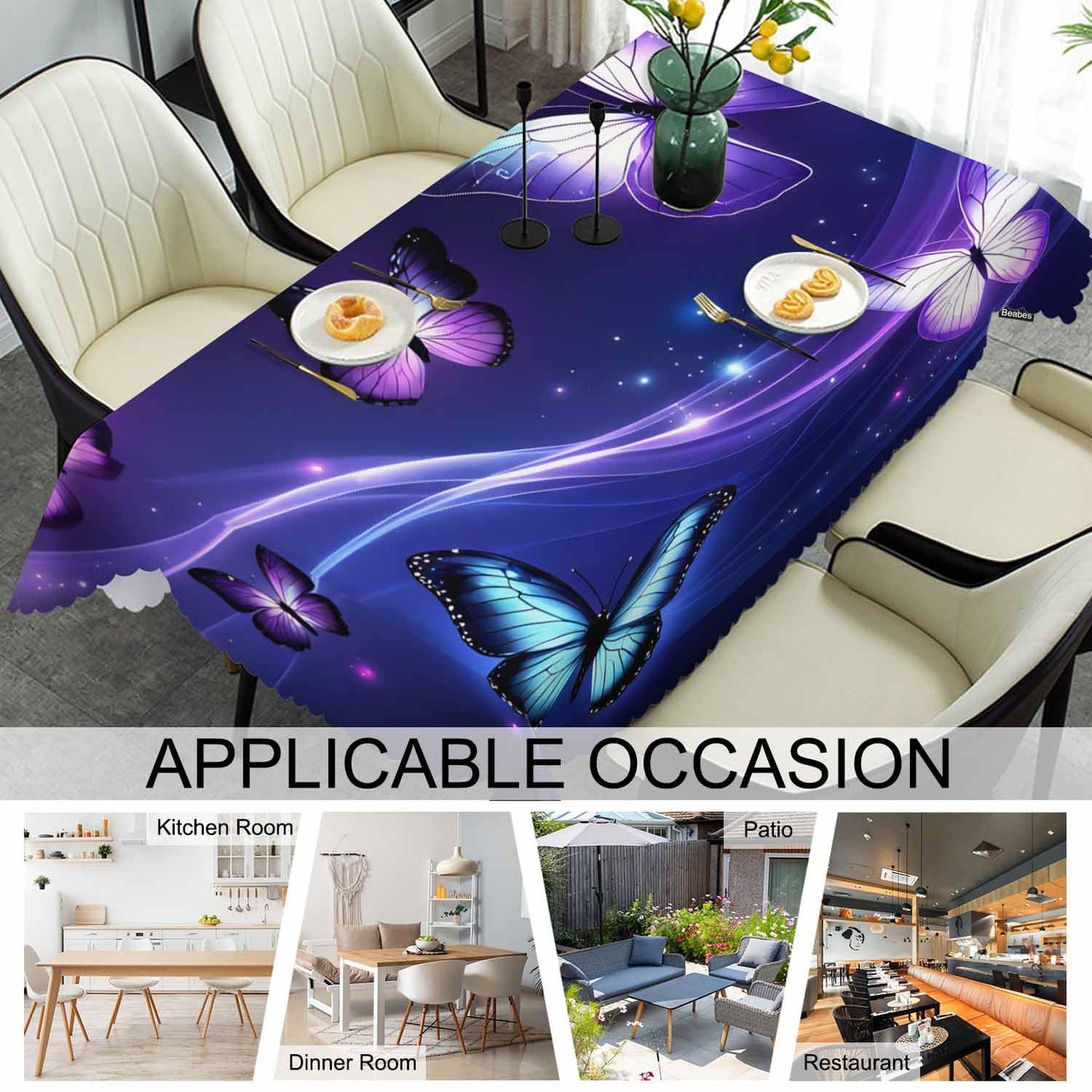 Beabes Butterfly Kitchen Tablecloth Glowing Butterflies Purple Indoor Outdoor Table Cover Anti-Oil Table Cloths for Wedding Banquet Dinner Tablecloths, 52x70 Inch(4-6 Seats)