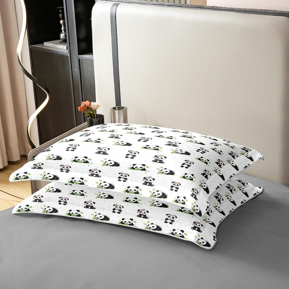 Manfei Cute Panda 100% Cotton Duvet Cover Set Twin Size, Pink Flower Green Bamboo Bedding Set 2pcs, Cartoon Animals Quilt Cover, Kids Girls Teens Room Decor, 1 Pillowcase,No Comforter