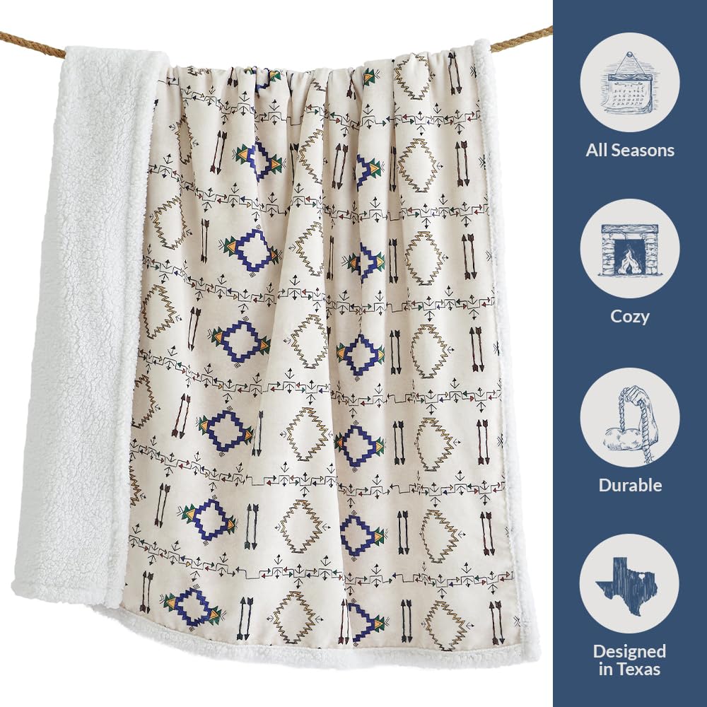 Paseo Road Indigo Hill by HiEnd Accents Arrow Indian Aztec 3 Piece Sherpa Throw Blanket Set, Tribal Navajo Print Fleece Throw Set, Western Southwestern Style, 1 Throw and 2 Pillows