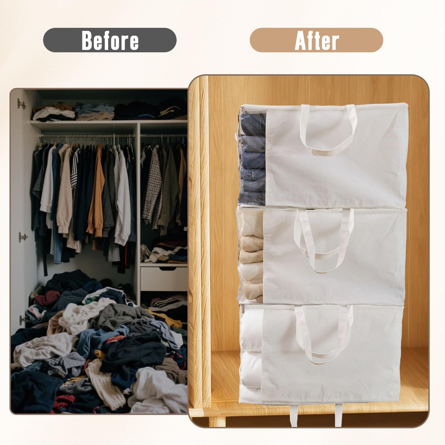 Heavy Duty Cotton Canvas Storage Bags For Comforter Blankets Clothes Extra Large Foldable Organizer with Clear Window & Reinforced Handles, Dustproof Design (White, 80L-3Pack)
