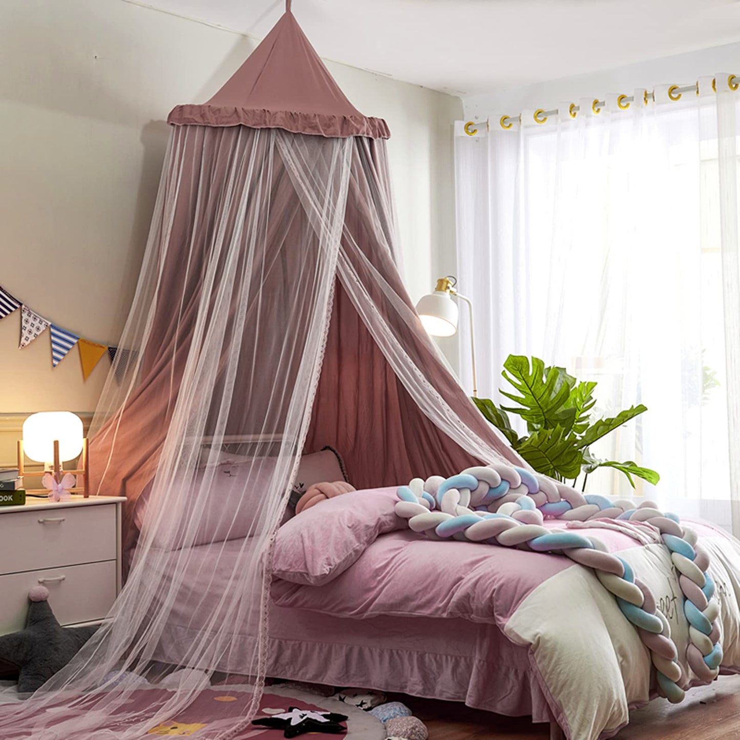 VETHIN Bed Canopy Double Layer Princess Round Dome Dreamy Mosquito Net Bedding Girls Room Castle Play Tent Hanging House Decor Reading Nook Canopies(Jujube Red/White)