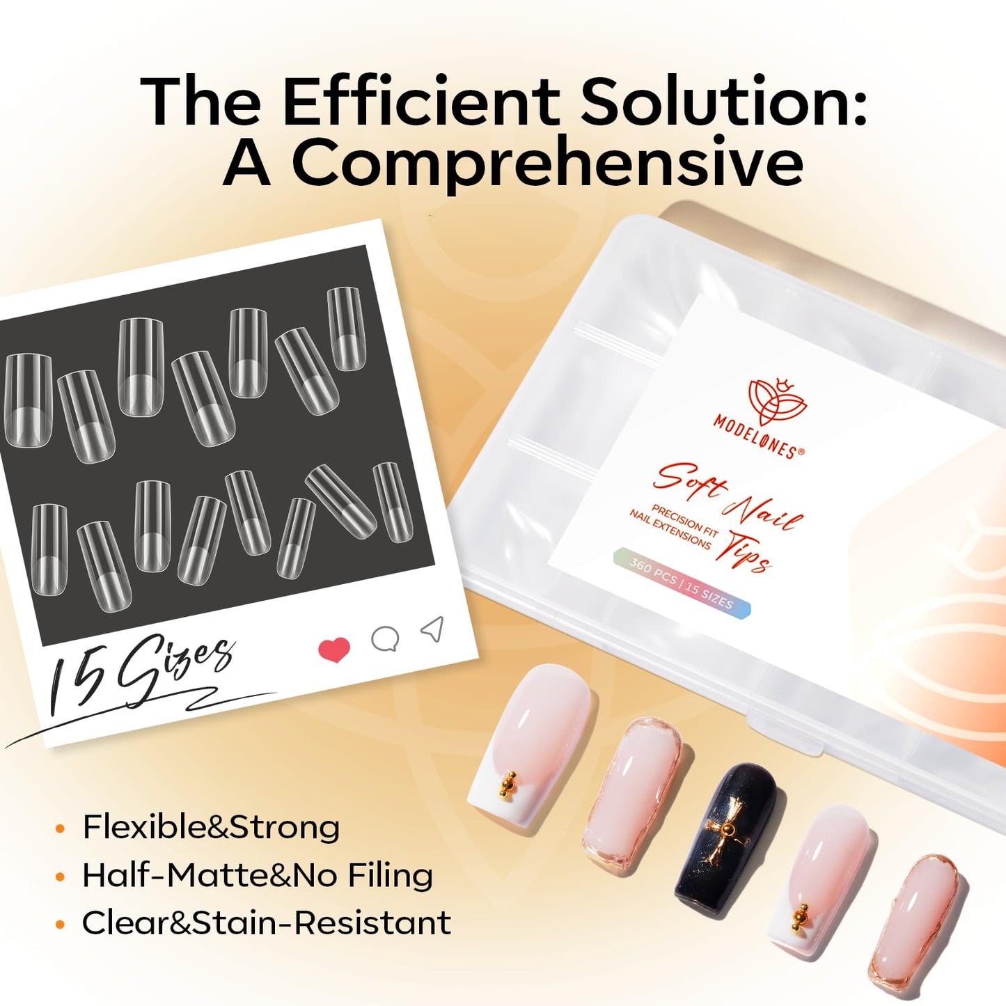 modelones Medium Square Gel Nail Tips, 360pcs Pre-etched Clear Fake Nails Press On Full Cover Half Matte 15 Sizes Acrylic Gel Tips for Extension Salon