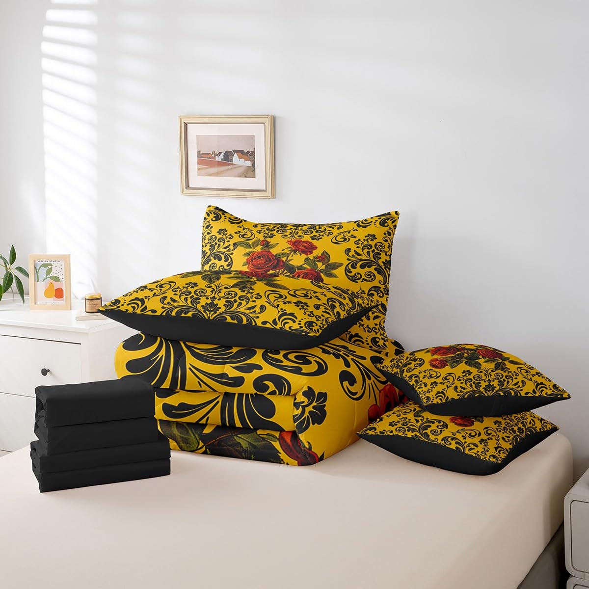 Erosebridal Gothic Roses Bed in A Bag 7 Piece Queen Rose Floral Boho Comforter Set with Sheets Retro Black Damask Rose Flower Bedding Set for Kids Adults Romantic Aesthetics Bed Set Yellow Black