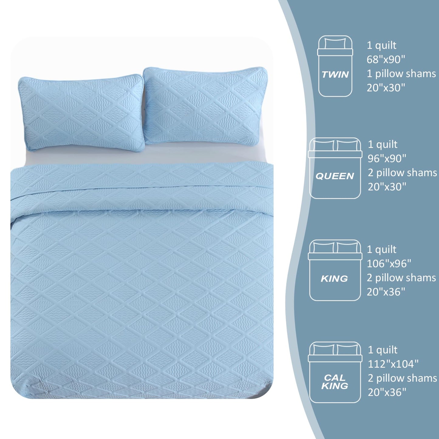 Yiran Ash Blue Quilt Set King Size, 3 Piece Reversible Bedspreads Bedding Set, Fall Diamond Pattern Coverlet for All Season with 2 Pillow Shams (King, 106x96 Inch)