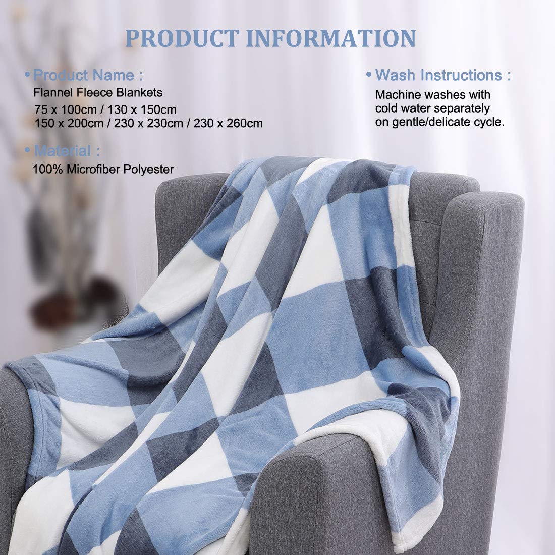 PiccoCasa Plaid Flannel Fleece Throw Blanket, Soft Buffalo Checkered Throw Blanket, Tartan Decorative Plush Blanket for Couch Sofa Bed, 50" x 60", Blue and White