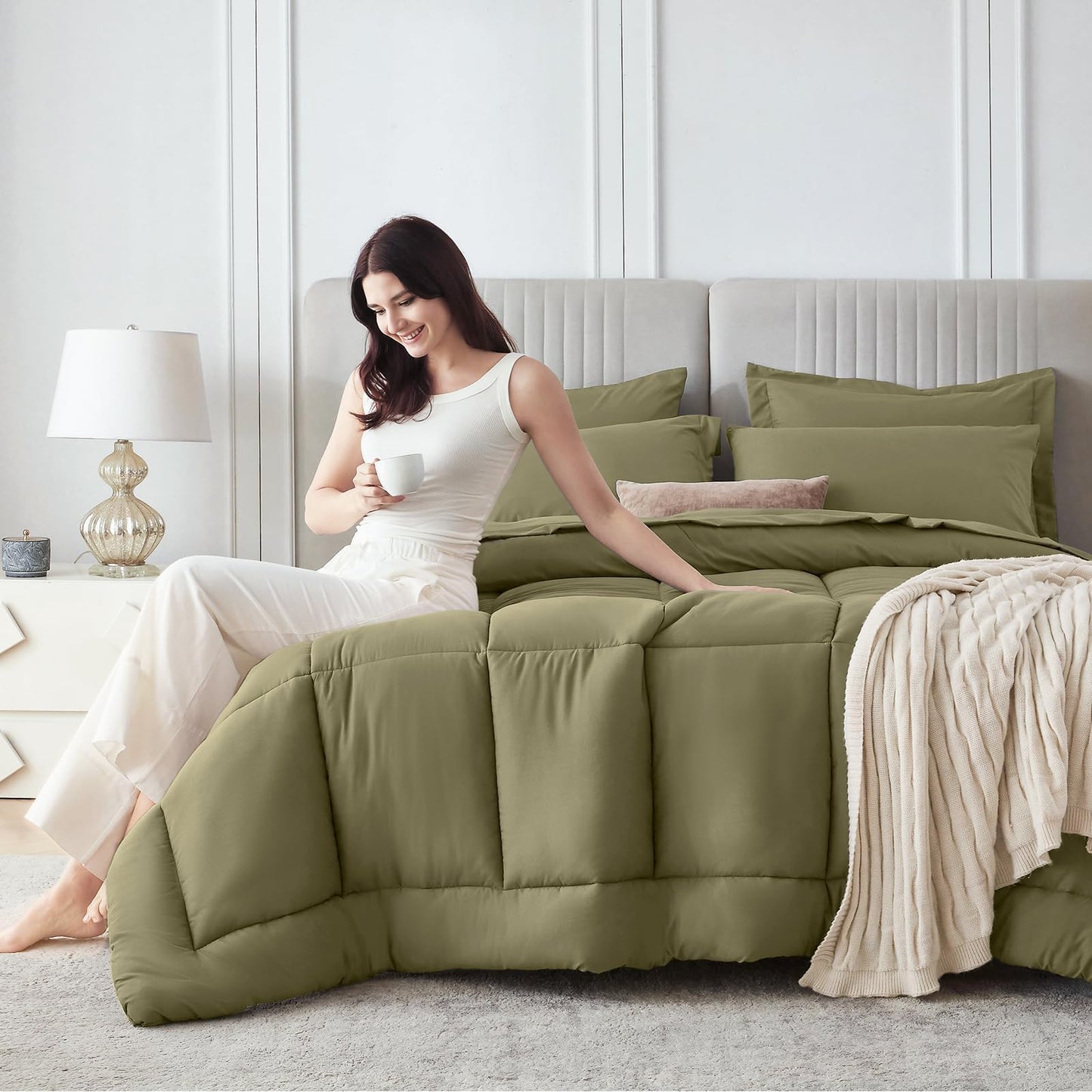 Sasttie Queen Comforter Set, 7 Pieces Bed in a Bag Queen, Complete Bedding Set Includes Comforter, Flat Sheet, Fitted Sheet, Pillowcases and Pillow Shams, Olive