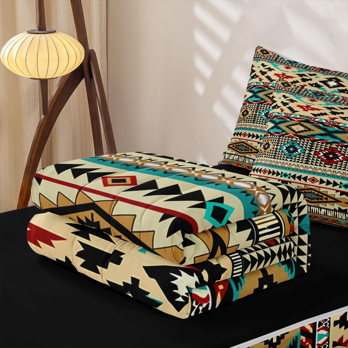 Western Geometric Zipper Bedding Queen Boho Western Zip Up Bedding Set for Boys, Bohemian Southwestern Bed in a Bag Vintage Rustic Farmhouse Comforter with Fitted Sheet and 2 Pillowcases Yellow