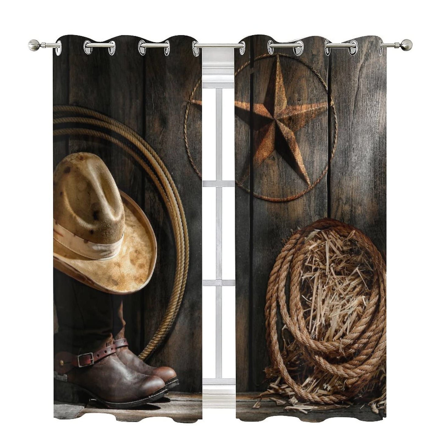 Kazynee Western Farmhouse Room Darkening Blackout Window Curtains with Grommets,Rustic Cowboy Leather Boots Texas Star Hat on Wooden Energy Efficient Window Treatment 2 Panels 63L x 21W