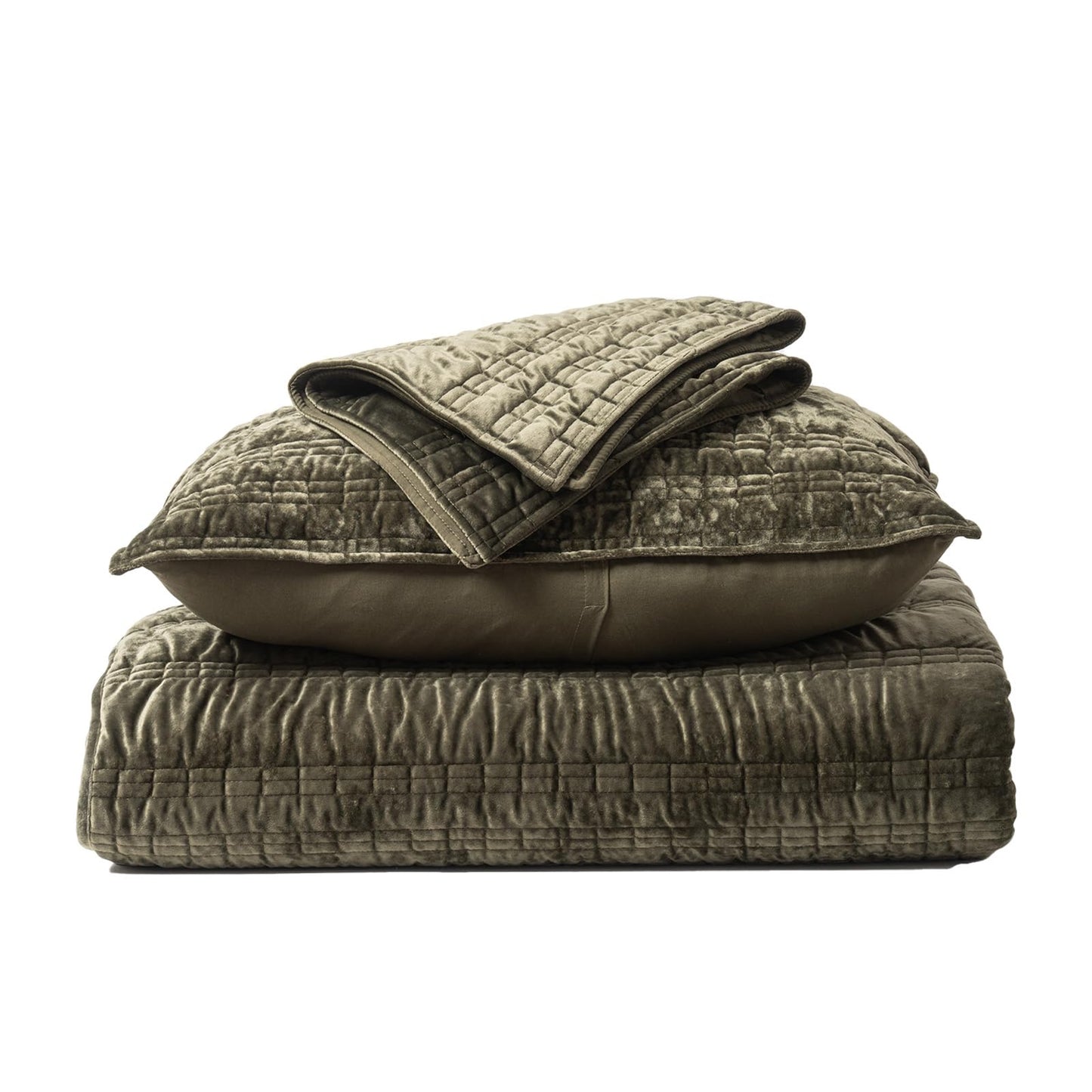 EverGrace Luxury Ruched Velvet Quilt Queen Size, Ultra Soft Bedspread Coverlet Set, Lightweight Velvet Comforter, Quilted Bedding Cover with 2 Matching Shams for All Season, Olive Green