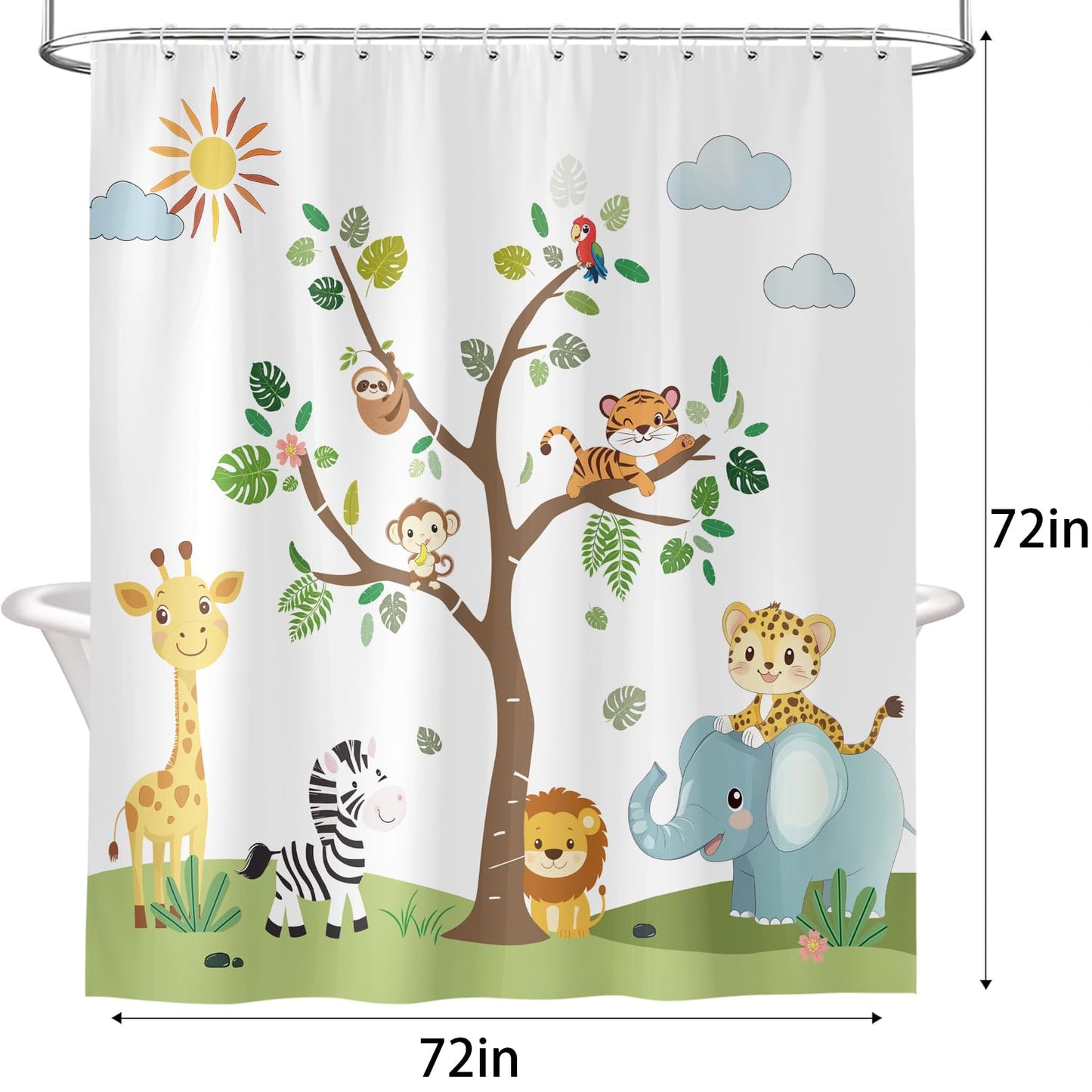 Jungle Animal Kids Shower Curtain, Elephant Lion Giraffe Woodland Safari Shower Curtain Set, Funny Cartoon Animals Educational Fabric Shower Curtain for Bathroom with 12PCS Hooks 72X72IN Green