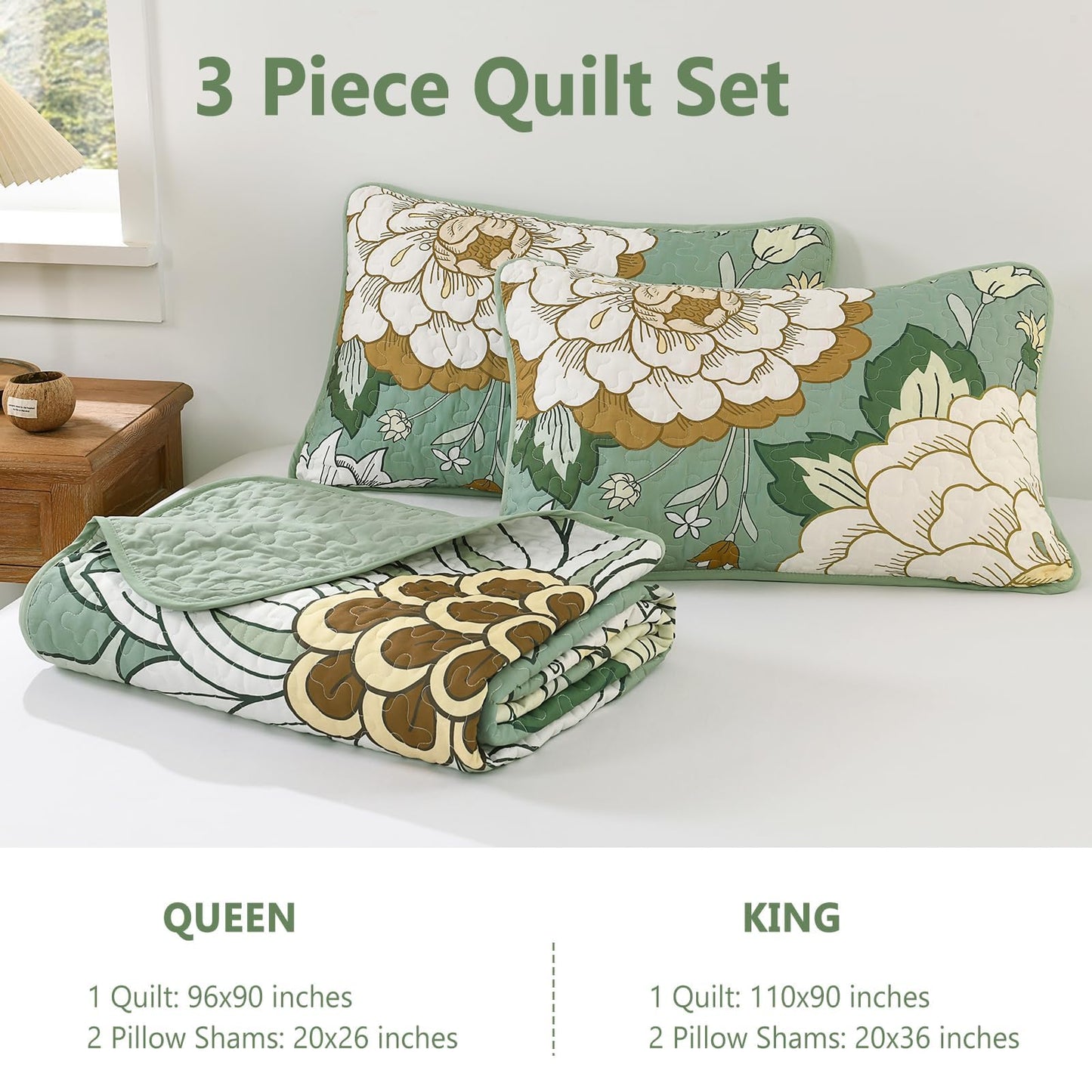 DJY Sage Green Quilt Set Queen Size 3 Pieces Floral Boho Bedspread Coverlet Set, Lightweight Microfiber Farmhouse Floral Quilted Bedding Set Reversible Bed Cover for All Season, 96''x90''