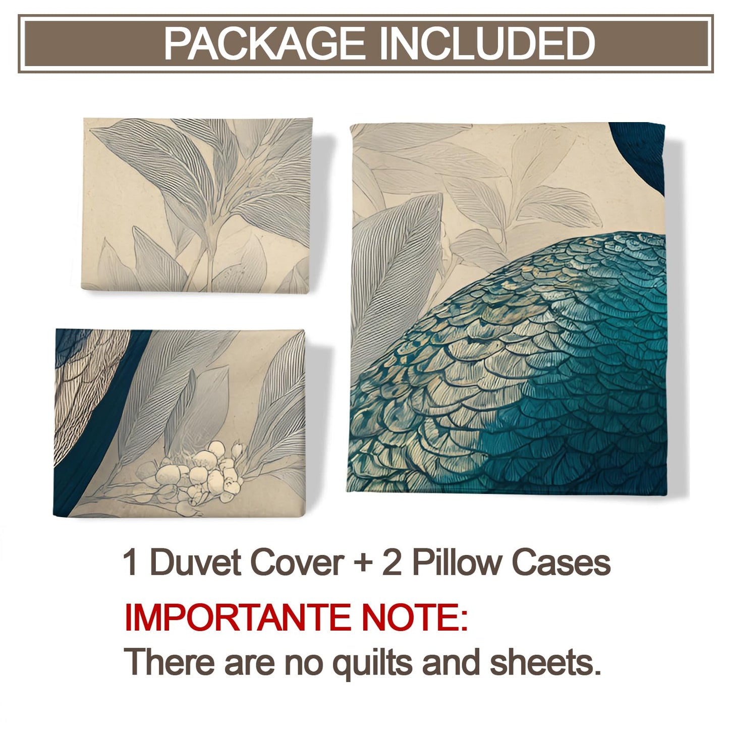 Blue Peacock Duvet Cover Twin Size, Teal Peacock Feather Comforter Cover 68" x 90" & 2 Pillowcases, Elegant Birds Bedding Set with Zipper Ties