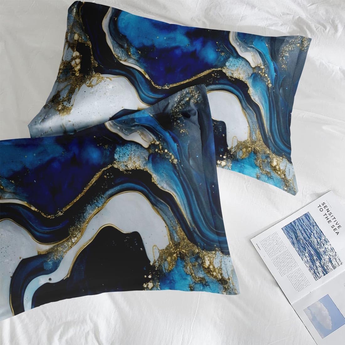 Pamnest Comforter Set Twin Size, Deep Blue Marble 5 Pcs Bedding Set for Kids and Adults, Gold Stone Bed Sheet Sets with Fitted Sheet Pillowcase & Sham for Bedroom Bed Decor