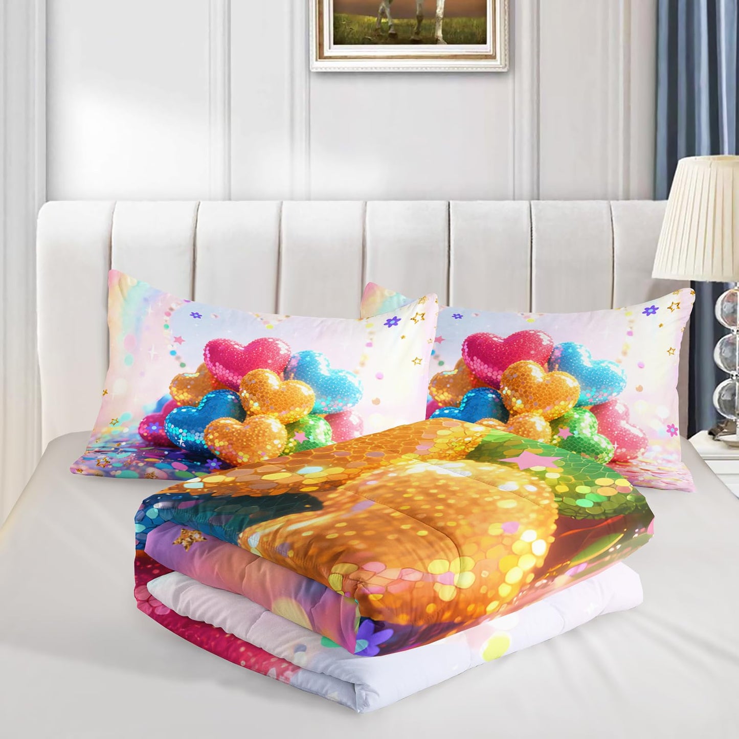 QOOMO Kawaii Heart Kids Comforter Set,Cute Rainbow Print Bedding Set Queen Size for Boys Girls Room Decoration,Pink Bed Set Microfiber Lightweight All Season,1 Comforter Set 2 Pillowcases