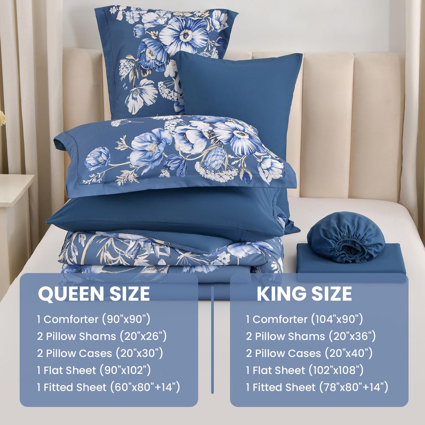 LLDSYW Queen Comforter Set - 7 Pieces Bed in a Bag Blue Floral Queen Comforter Set with Sheets, Soft Microfiber Flower Complete Bedding Set for All Seasons(Blue,90"x90")
