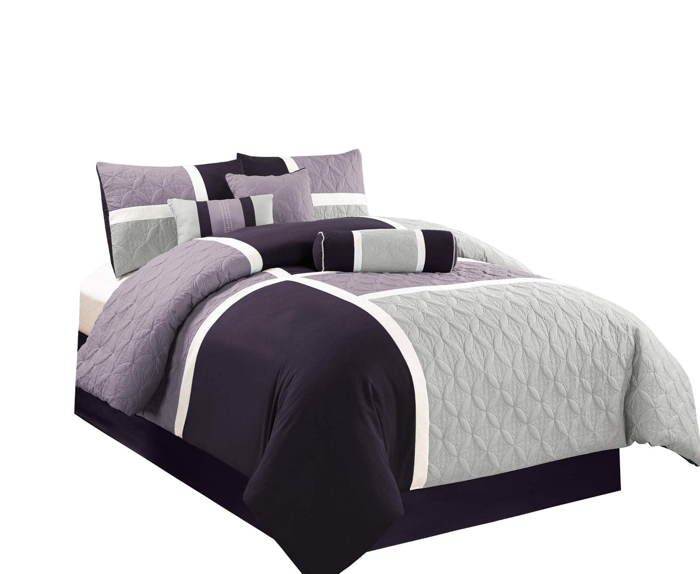 Chezmoi Collection Upland 7-Piece Quilted Patchwork Comforter Set, Lavender/Gray/Purple, King