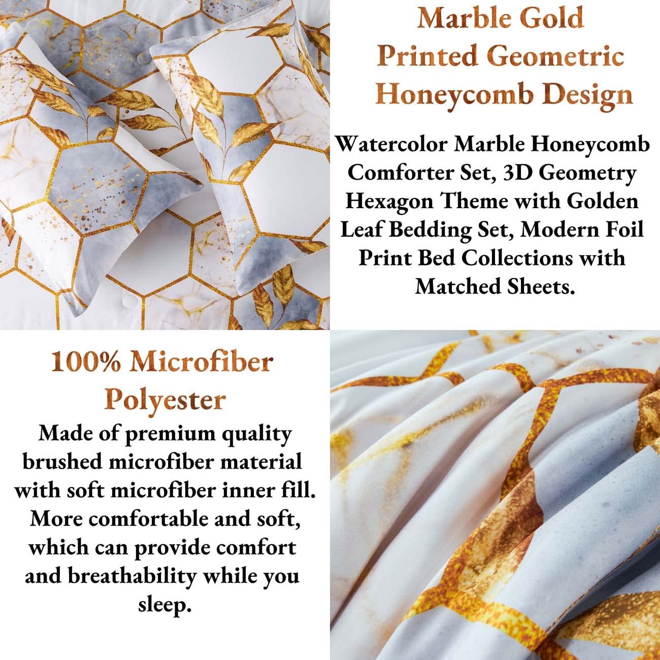 ANGIYUIN 7 Pieces White Gold Comforter Set Full Geometric Foil Print Bed Set Marble Hexagon Bedding Sets Ultra Soft Honeycomb Bed in A Bag for All Season (White Full)