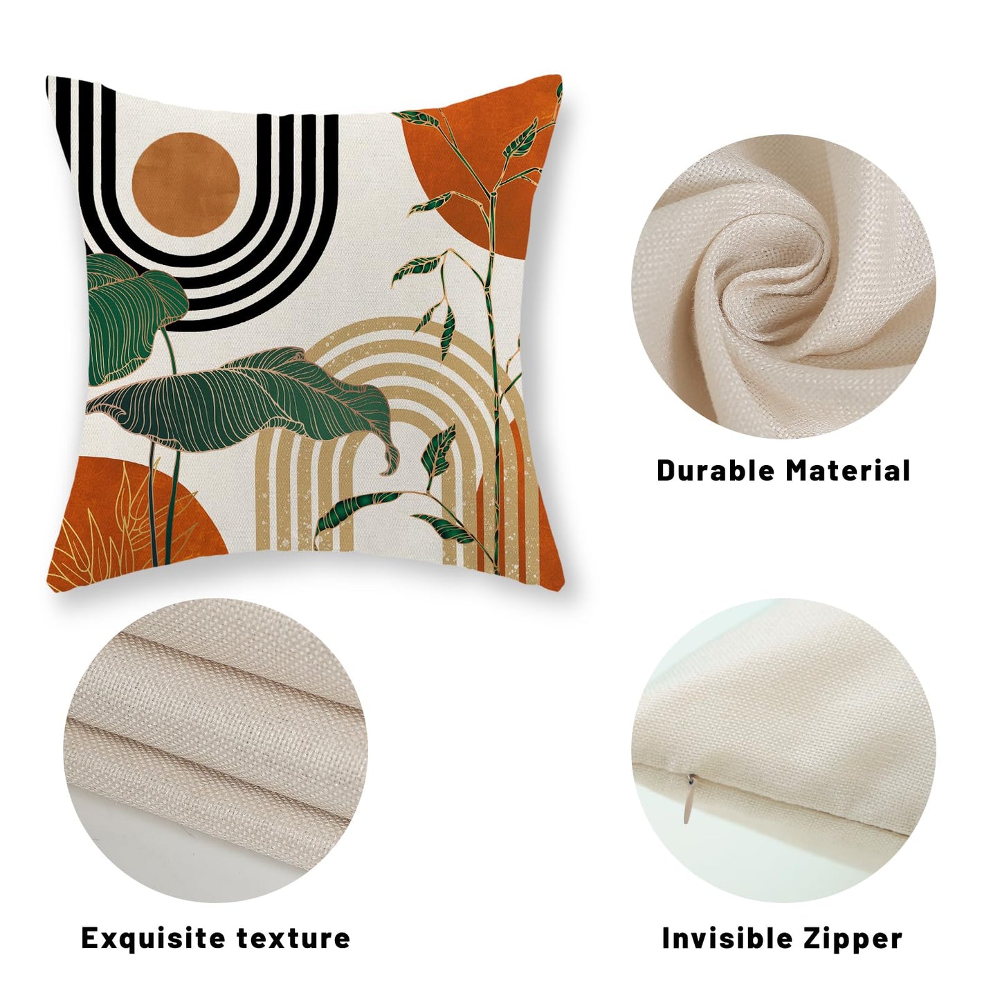 JEFERSO Boho Orange Pillow Covers 18x18 Set of 2 Gold Green Leaf Tropical Mid Century Throw Pillows Outdoor Bohemian Abstract Modern Decorative Pillowcase Farmhouse Cushion Case for Couch Sofa Decor