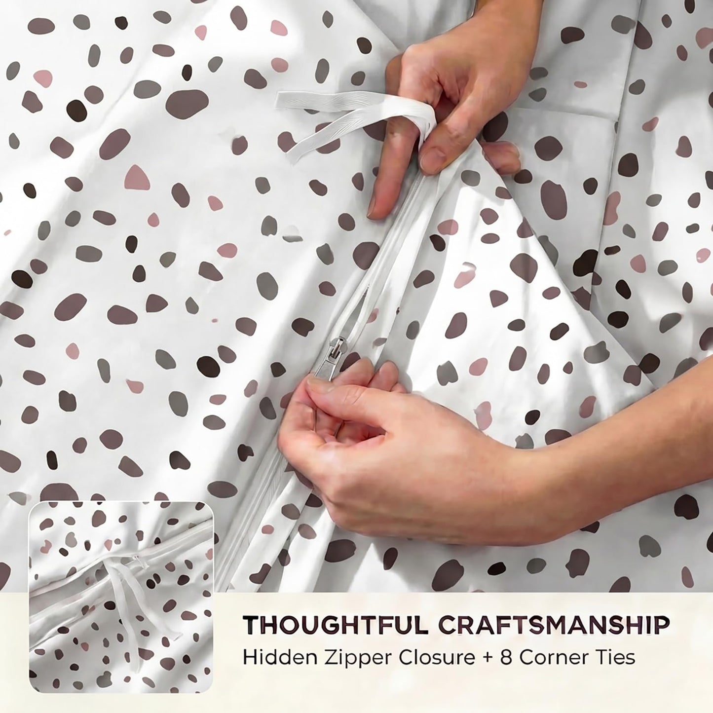 Cozaline 100% Cotton Duvet Cover Queen Size, Pink and Brown Dalmatian Spotted Bedding Set with Zipper Closure, Modern Irregular Speckled Comforter Cover with 2 Pillowcases for All Seasons