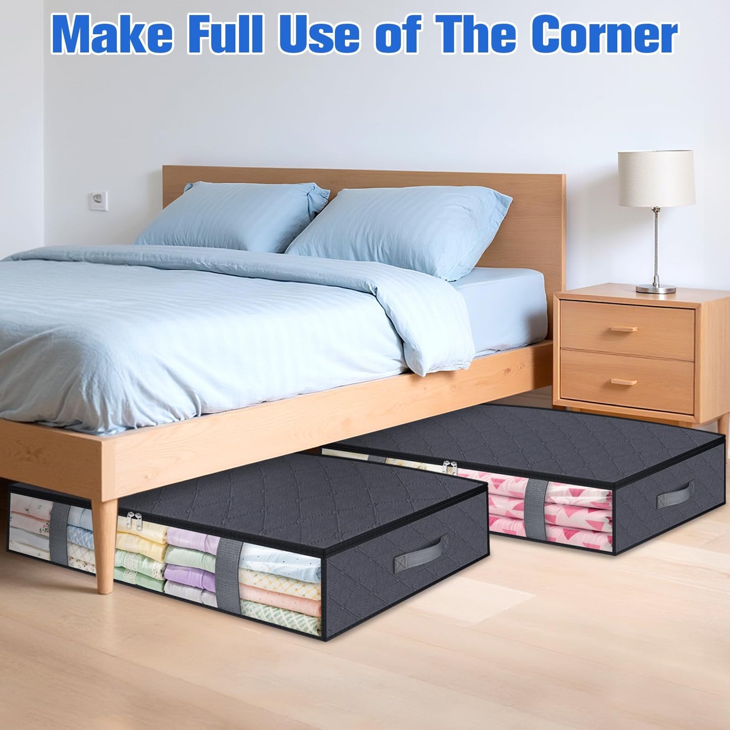 TasticTotes Under Bed Storage Containers, 4 Pack Blanket Storage Bags, Collapsible Storage Bags with Big Zippers, Clear Front, Shoe Storage and Organization for Clothes, Comforter, 90L, Grey