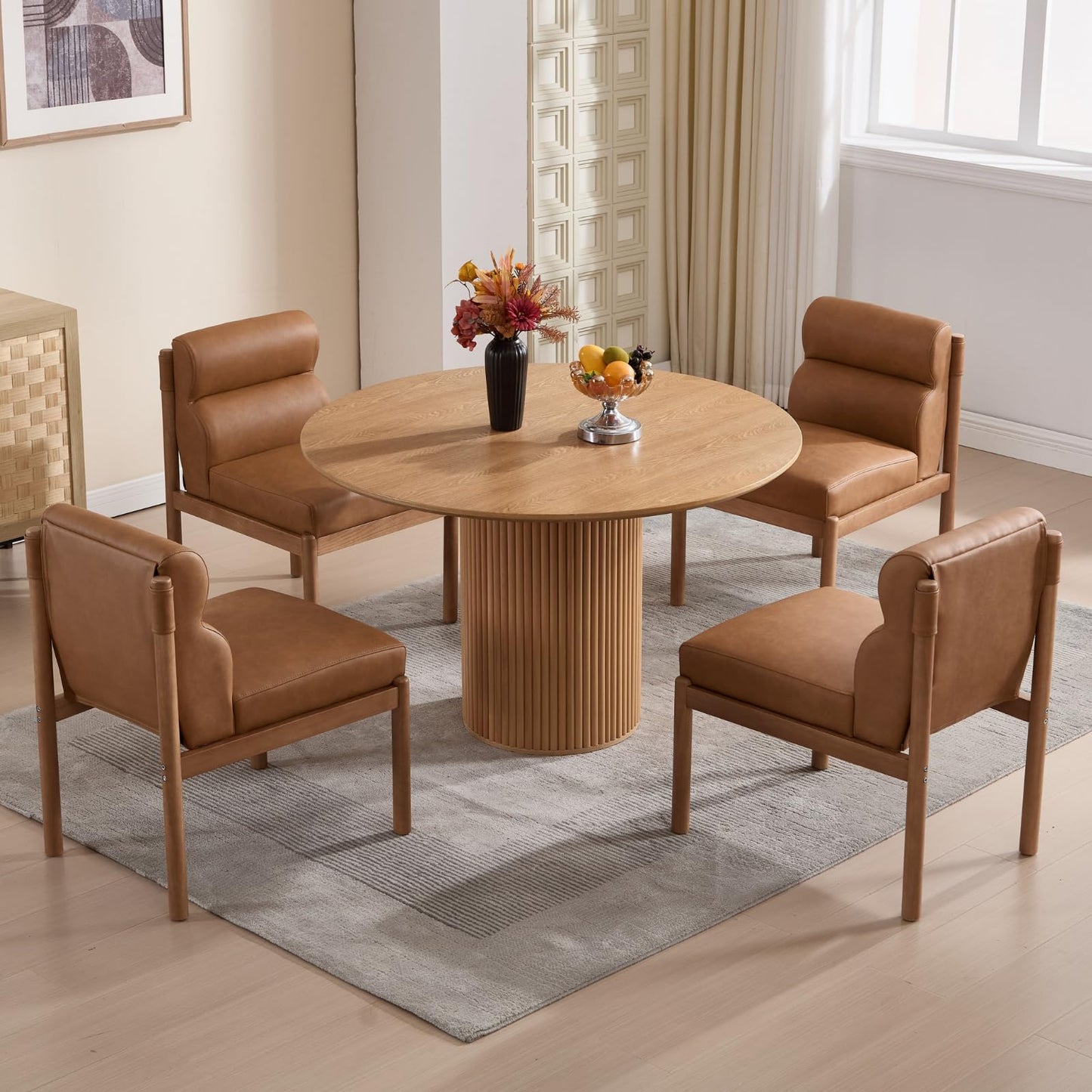 CIMOTA Modern Upholstered Dining Chairs Set of 2, Faux Leather Kitchen & Dining Room Chairs Boucle Armless Side Chairs with Curved Backrest/Solid Wood Legs, PU Brown