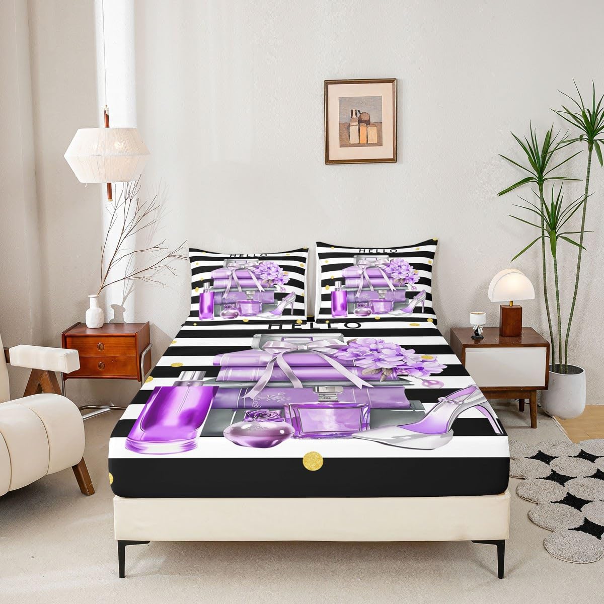 Erosebridal Black and Purple Bed Sheets King Size Fashion Black White Girly Sheets for Girl Women Modern Flower Floral Perfume Striped Sheet Set High Heels Magazine Books Bedding Set