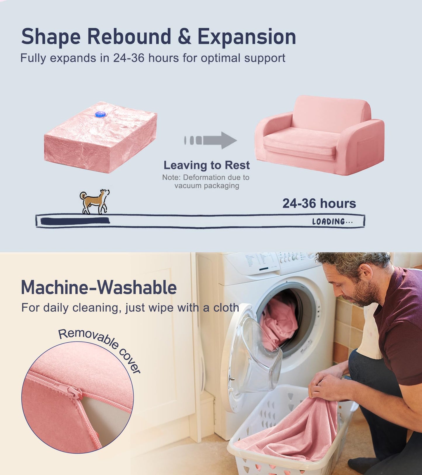 little dove 3-in-1 Extra Wide Convertible Kids Couch, Flip Open Kid Sofa, Machine-Washable Kid Couch for Girls, Kids Sofa for Fun Playtime, Pink