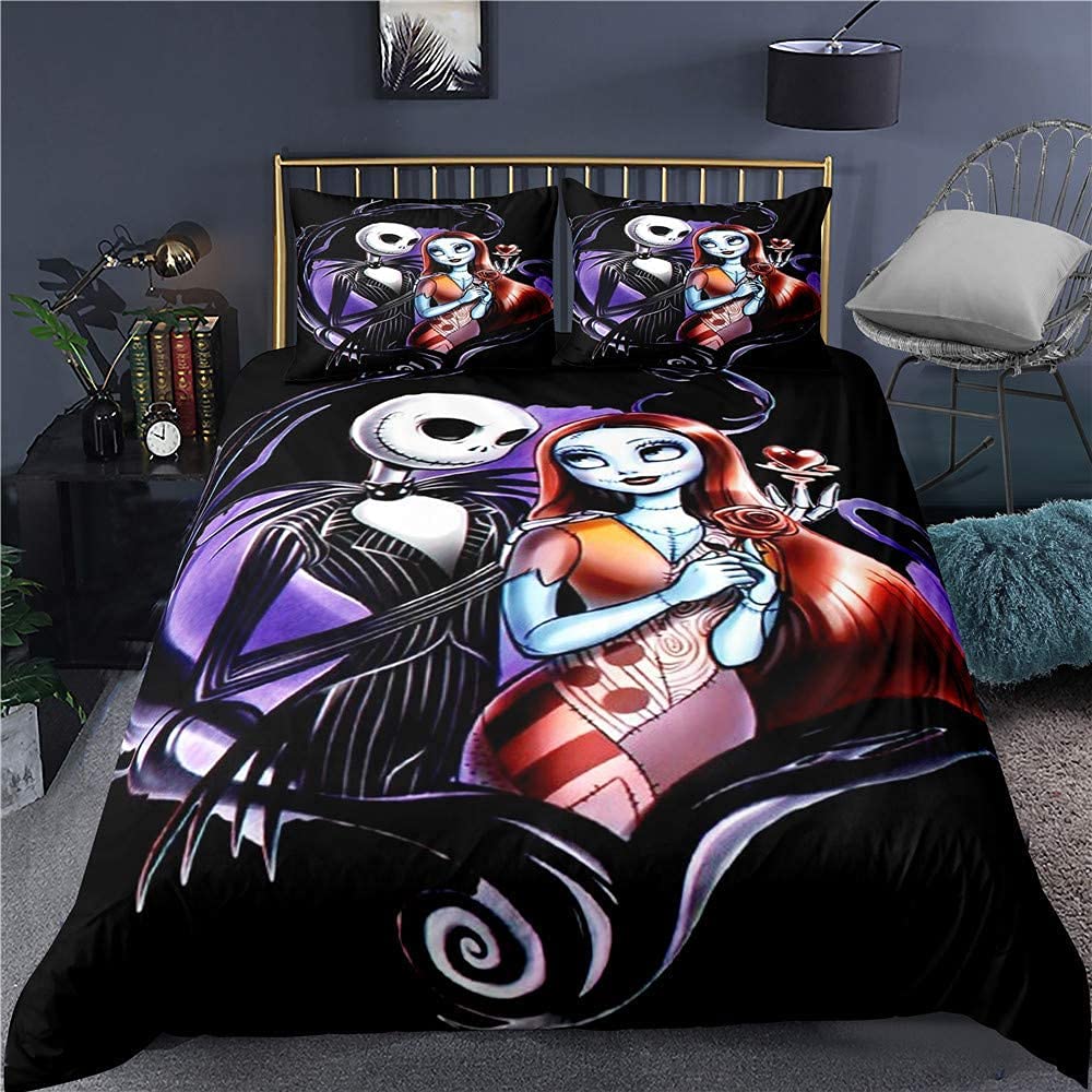 Ankeyoo Nightmare Christmas Bedding Set Valentine's Day Decor Gifts Present Jack Skellington Sally Bed Comforter Cover 1PC Duvet Cover with 2PCS Pillowcases