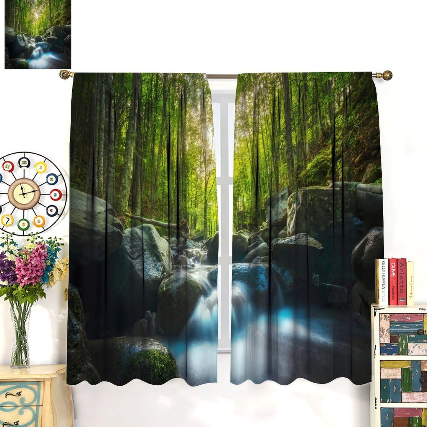 AuiMzoo Waterfall Forest Blackout Curtains Woodland Stream Forest Natural Scenery Bedroom, Living Room, Kitchen, Office Window Treatments42X45 Inch