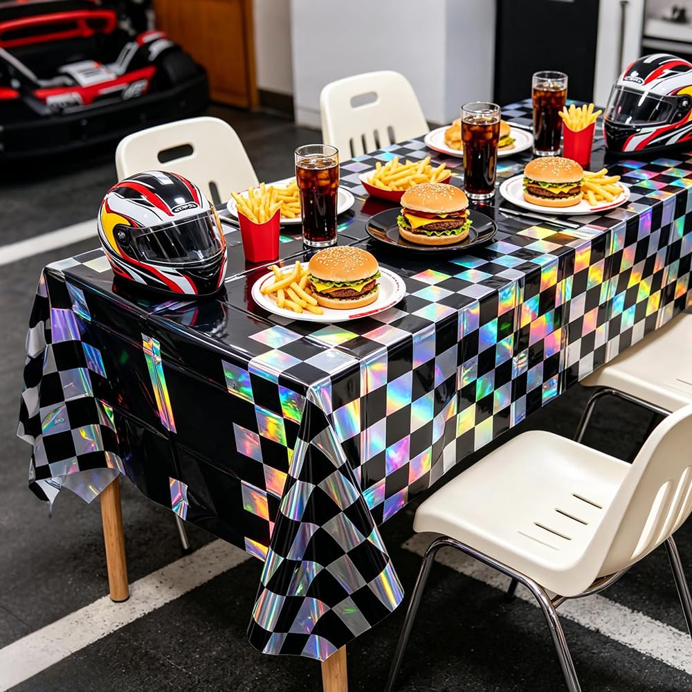 2Pack Iridescent Race Car Checkered Tablecloth Disposable Party Decorations